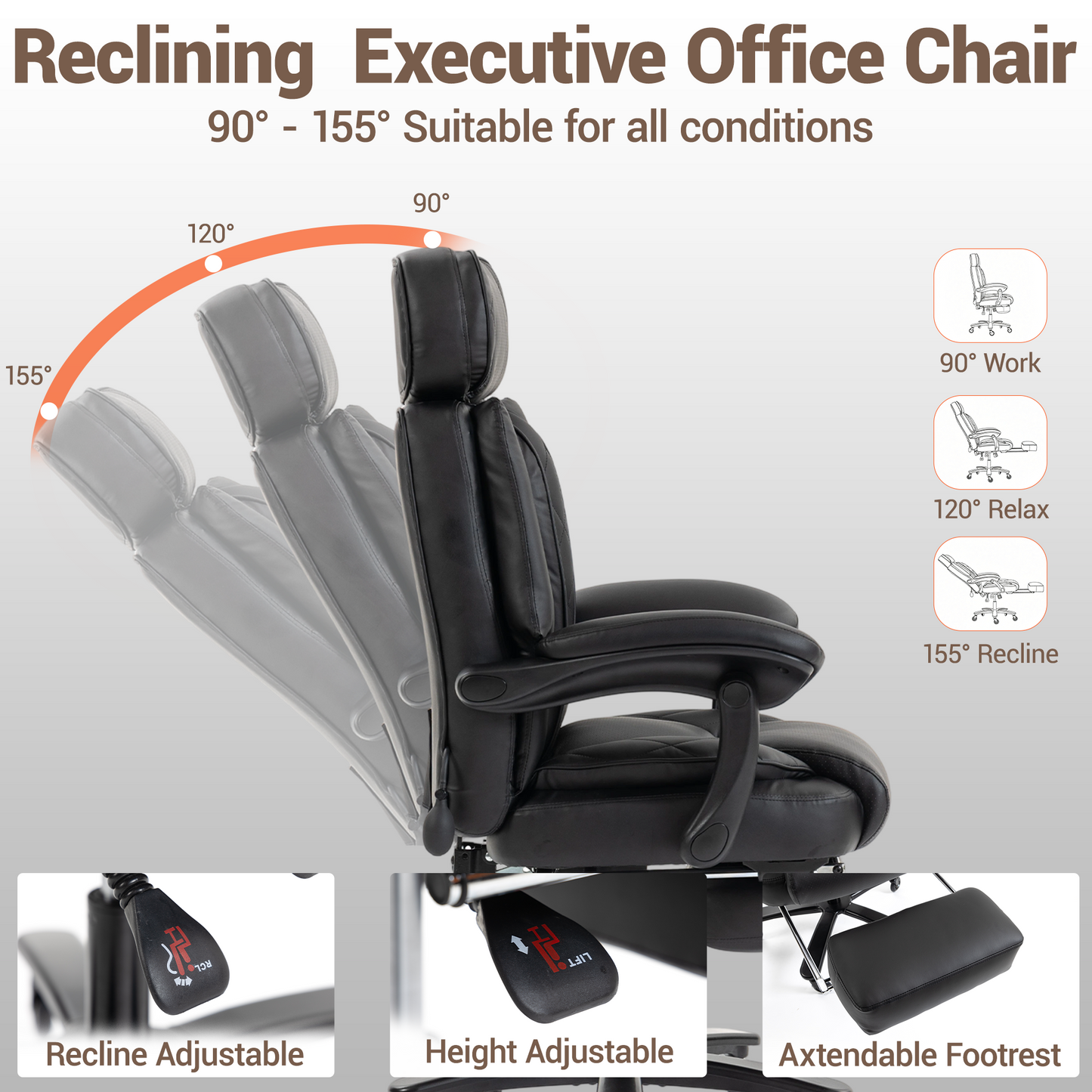 DELMANGO Big and Tall Office Chair, Heavy Duty Executive Office Desk Chair with Footrest, Waist Lumber Support, Adjustable Headrest, Black