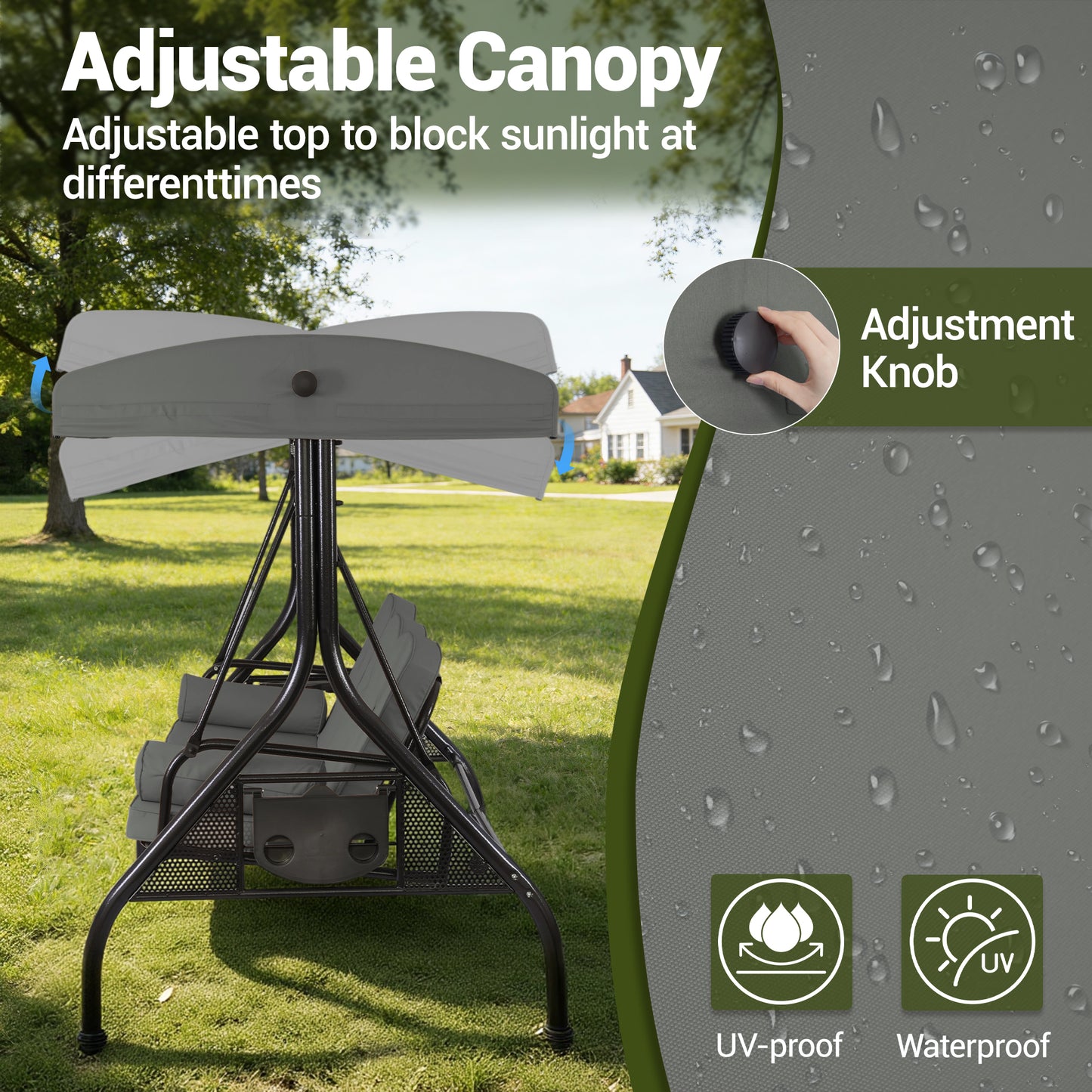 DELMANGO 3-Seat Outdoor Porch Swing with Adjustable Canopy, 2 in 1 Convertible Patio Swing Bed, Patio Glider Swing for Backyard, Gray