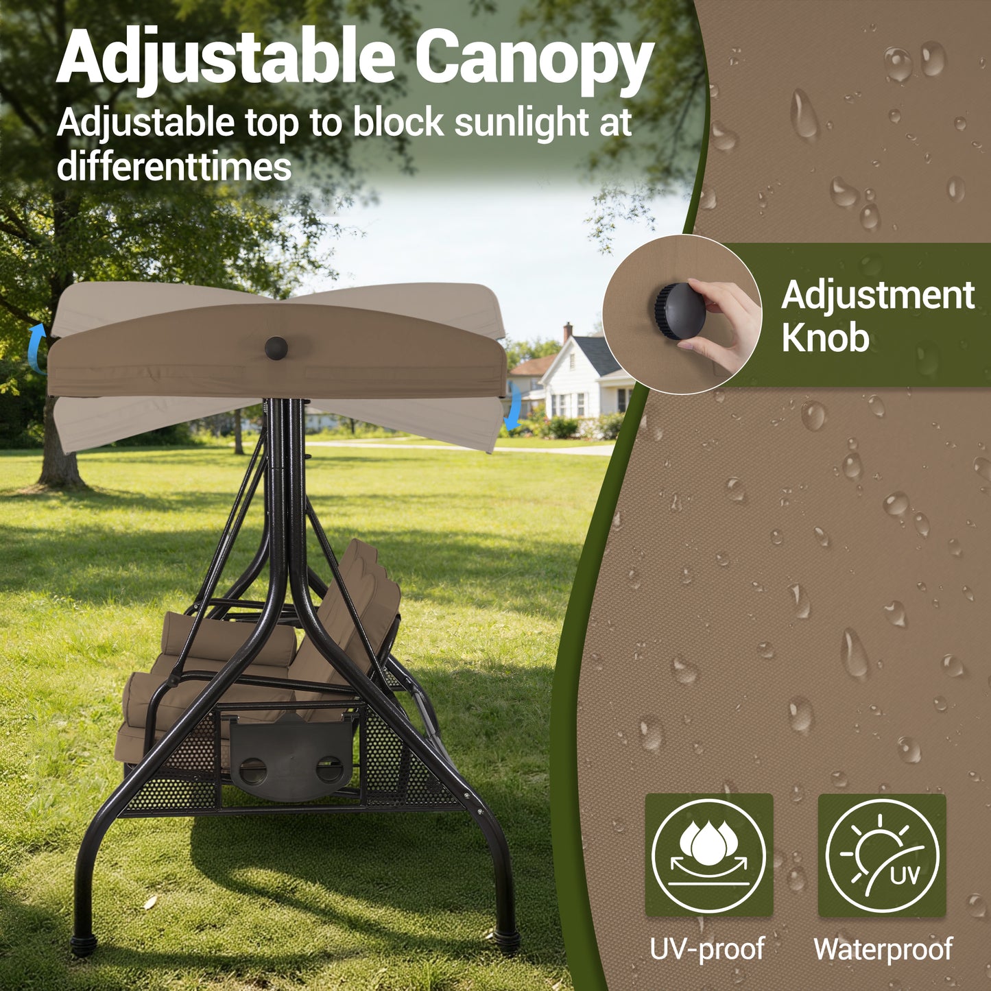 DELMANGO 3-Seat Outdoor Porch Swing with Adjustable Canopy, 2 in 1 Convertible Patio Swing Bed, Patio Glider Swing for Backyard, Brown