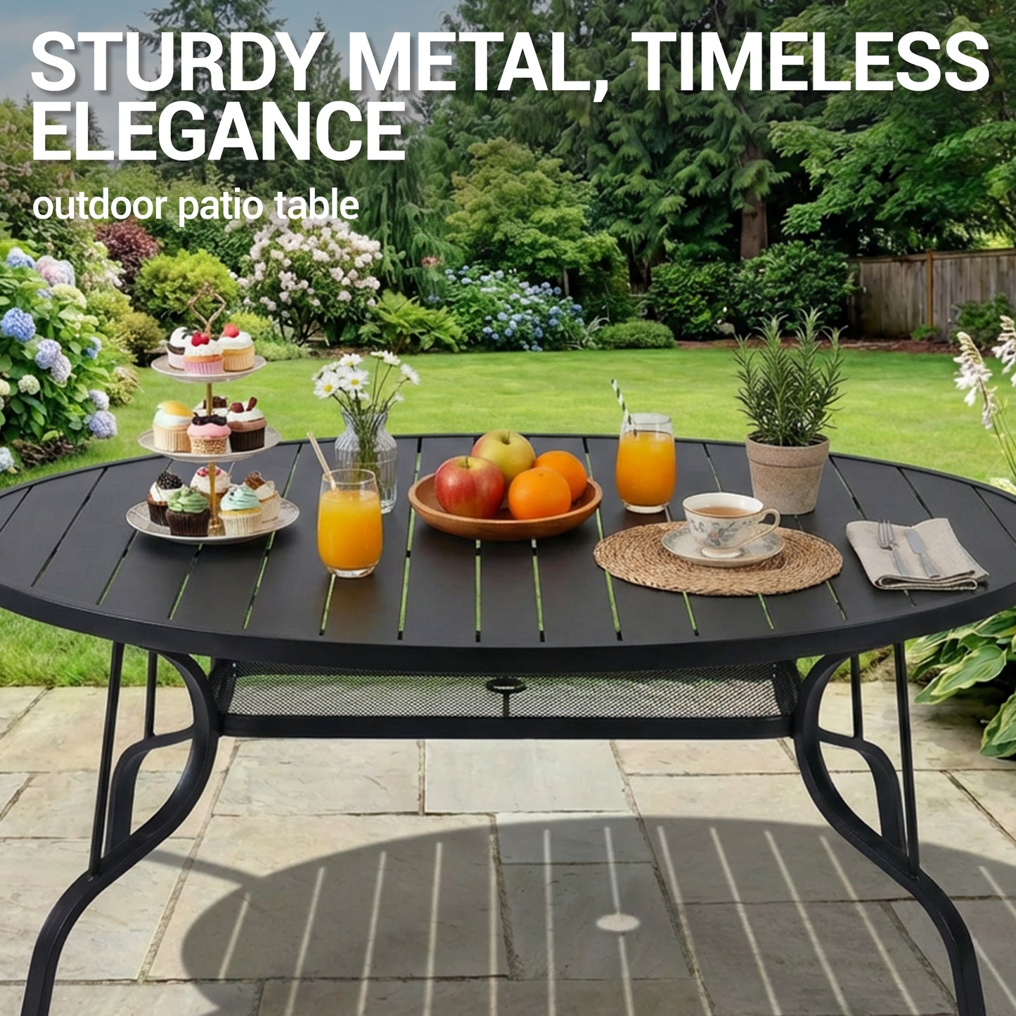 DELMANGO 55" Outdoor Dining Table for 6-8, Metal Round Patio Dining Table with Adjustable Umbrella Hole for Garden, Backyard and Porch, Black