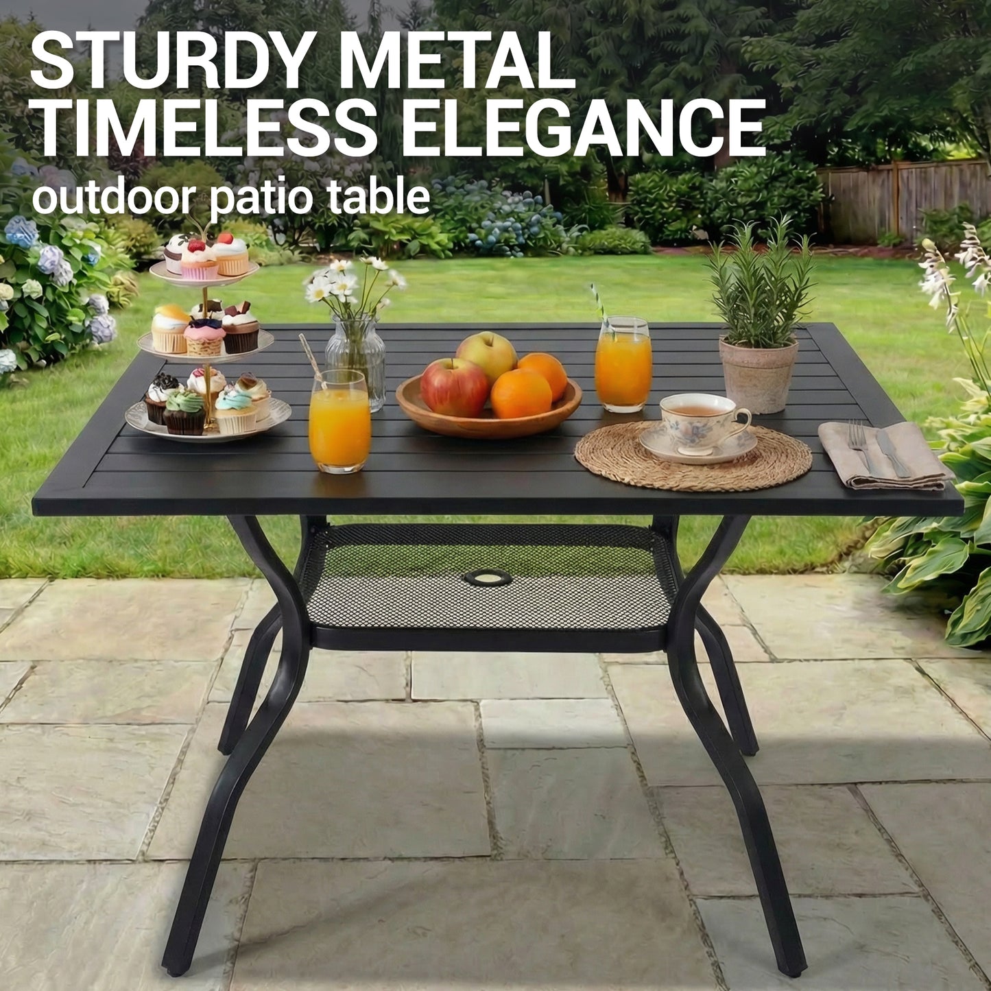 DELMANGO 37" Outdoor Dining Table for 4, Metal Square Patio Dining Table with Adjustable Umbrella Hole for Garden, Backyard and Porch, Black