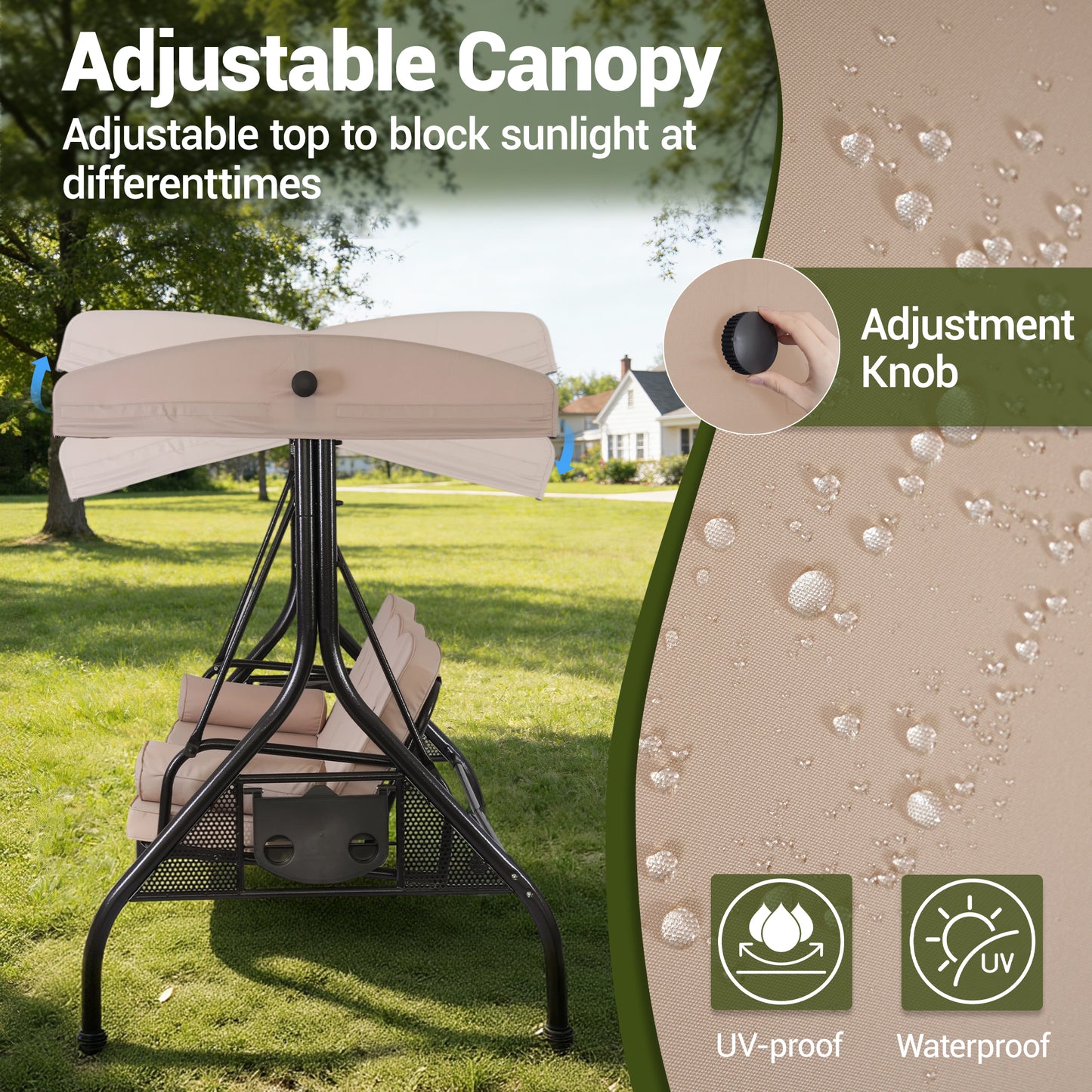 DELMANGO 3-Seat Outdoor Porch Swing with Adjustable Canopy, 2 in 1 Convertible Patio Swing Bed, Patio Glider Swing for Backyard, Beige