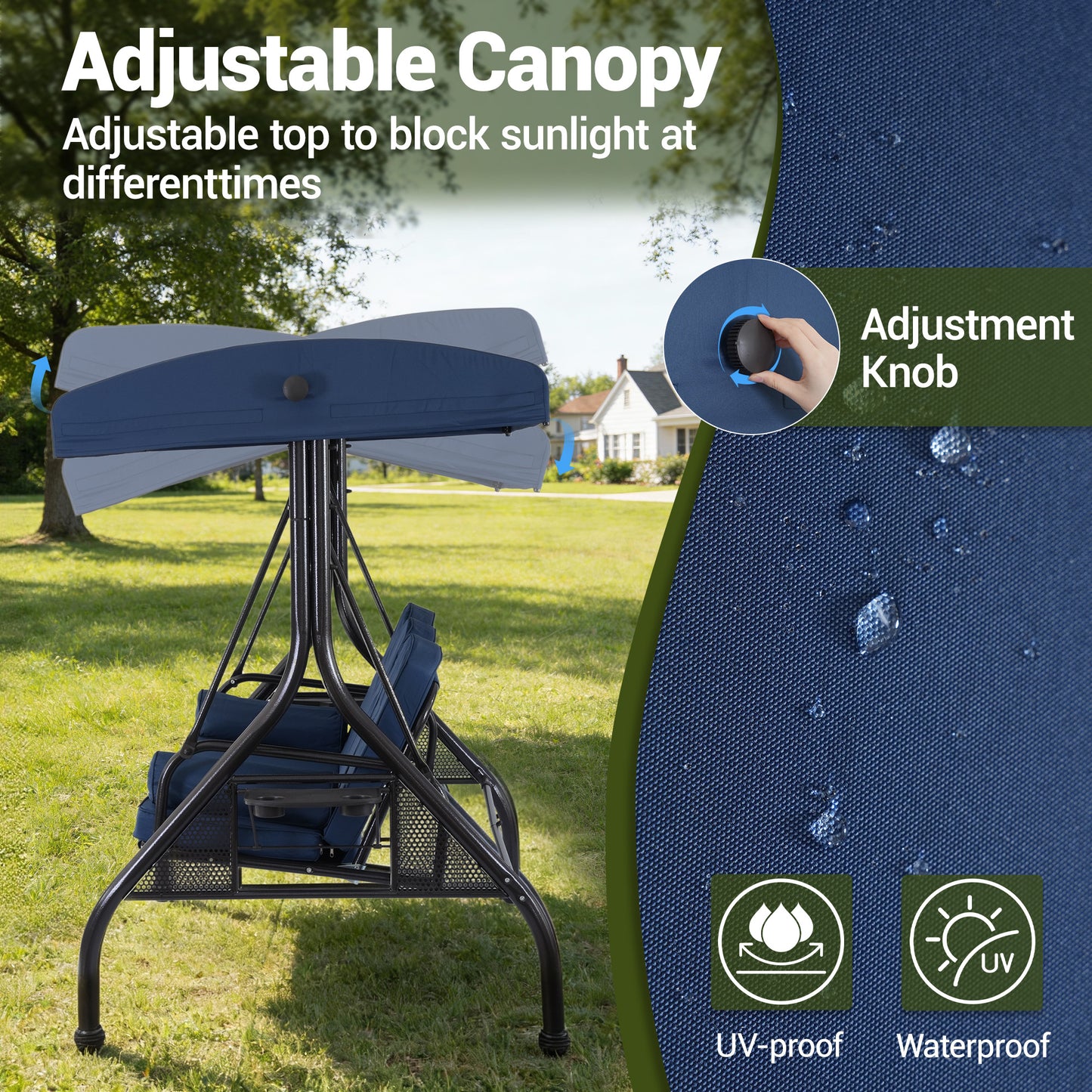 DELMANGO 3-Seat Outdoor Porch Swing with Adjustable Canopy, 2 in 1 Convertible Patio Swing Bed, Patio Glider Swing for Backyard, Blue