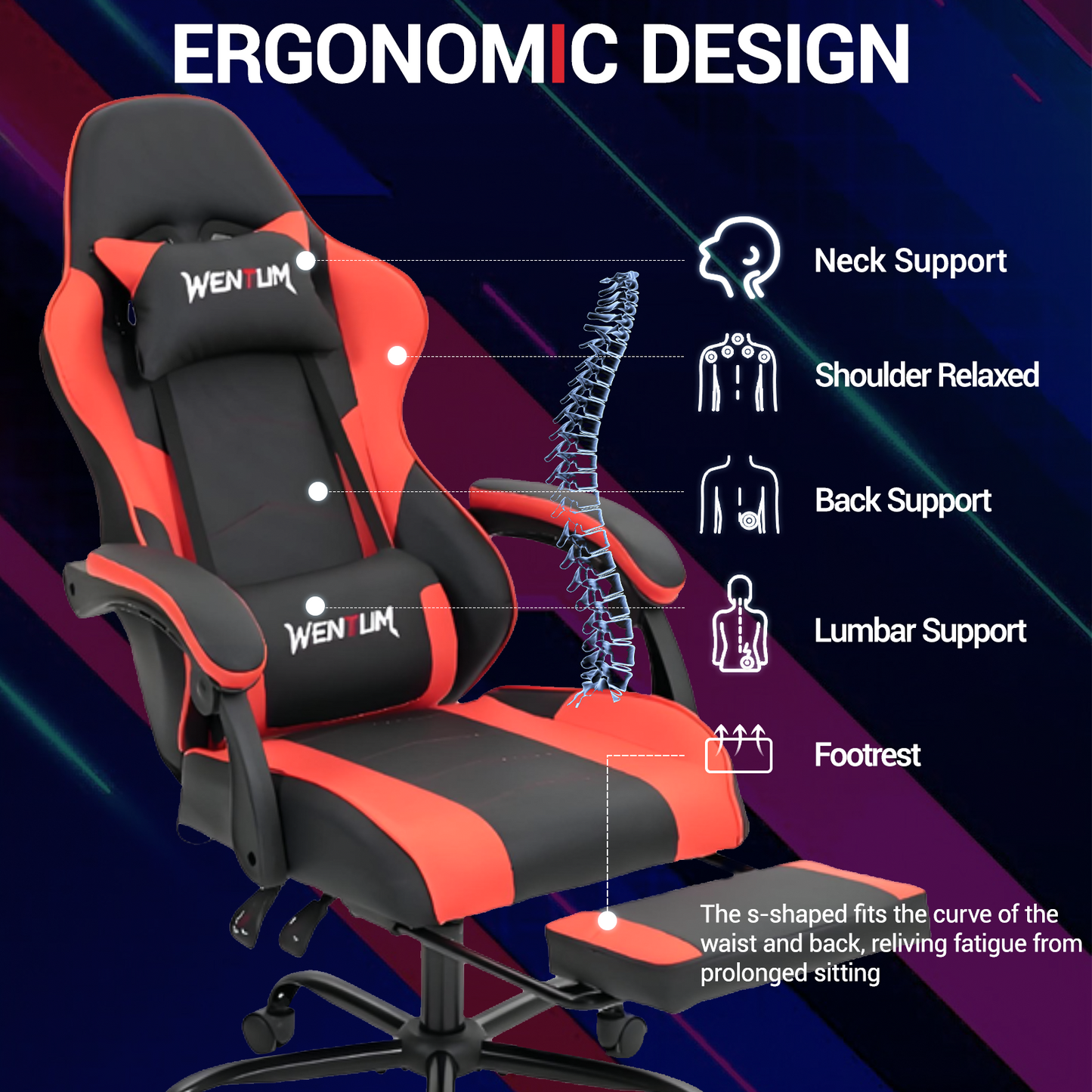 DELMANGO Ergonomic Reclining Gaming Chair with Linkage Armrests & Footrest, Racing Style Office Chair, PU Leather Computer Desk Chair, Red
