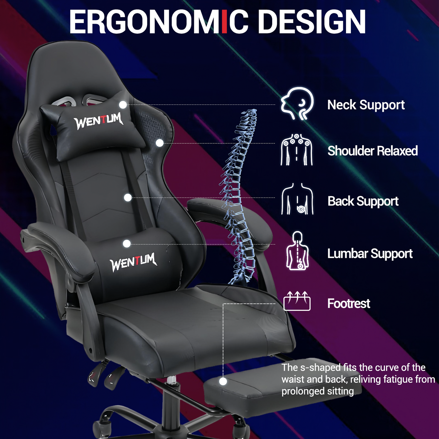 DELMANGO Ergonomic Reclining Gaming Chair with Linkage Armrests & Footrest, Racing Style Office Chair, PU Leather Computer Desk Chair, Black