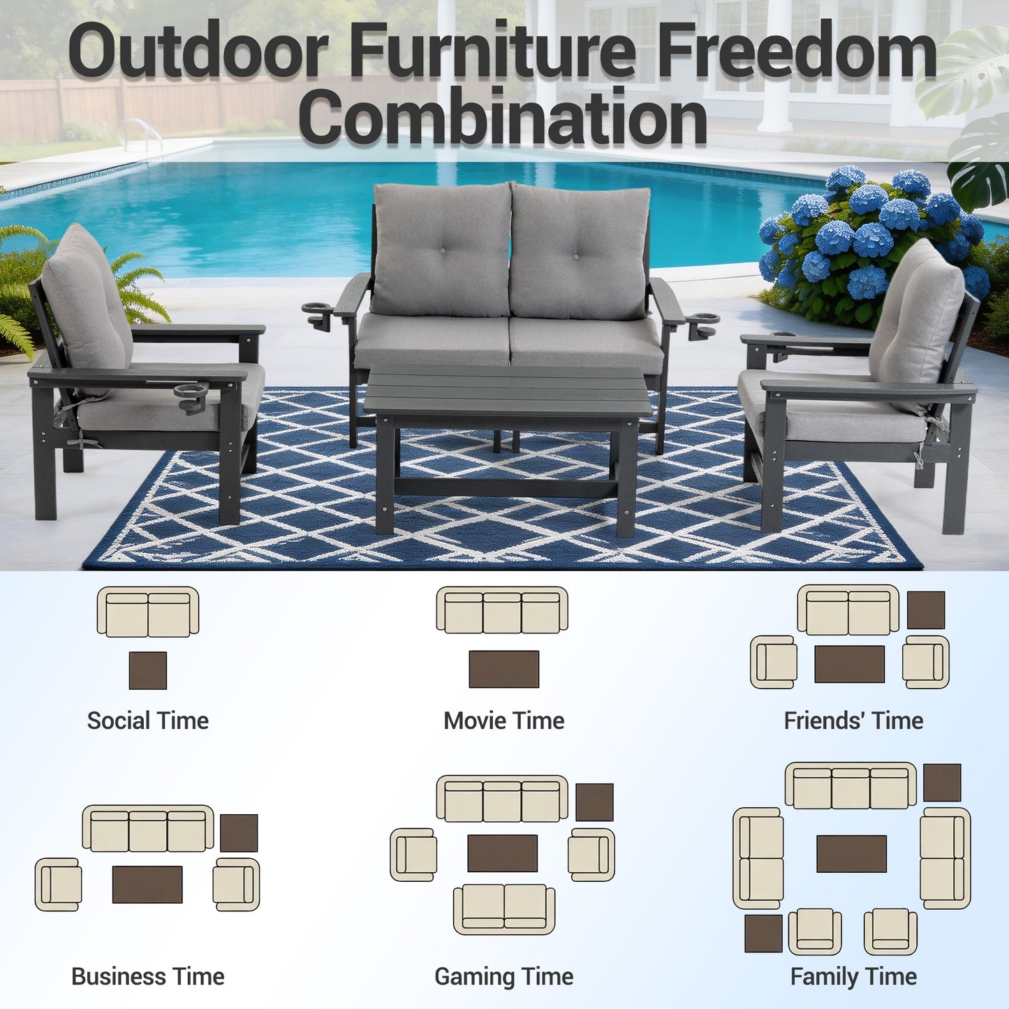 DELMANGO Patio Furniture Sets,7 Pieces Outdoor Conversation Set with Removable Washable Cushion,Wood Tepoy and Table Gray