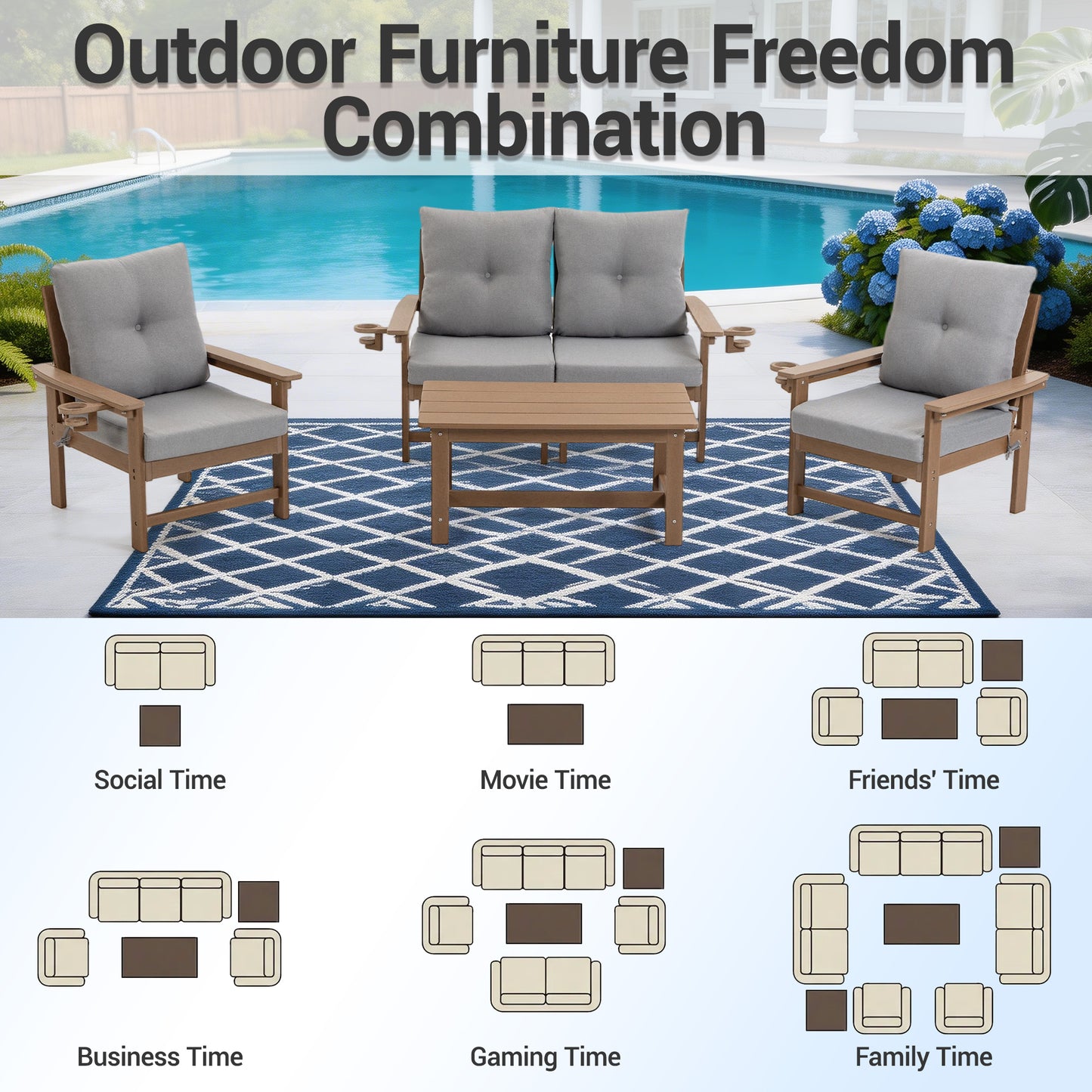 DELMANGO Patio Furniture Sets,7 Pieces Outdoor Conversation Set with Removable Washable Cushion,Wood Tepoy and Table Brown
