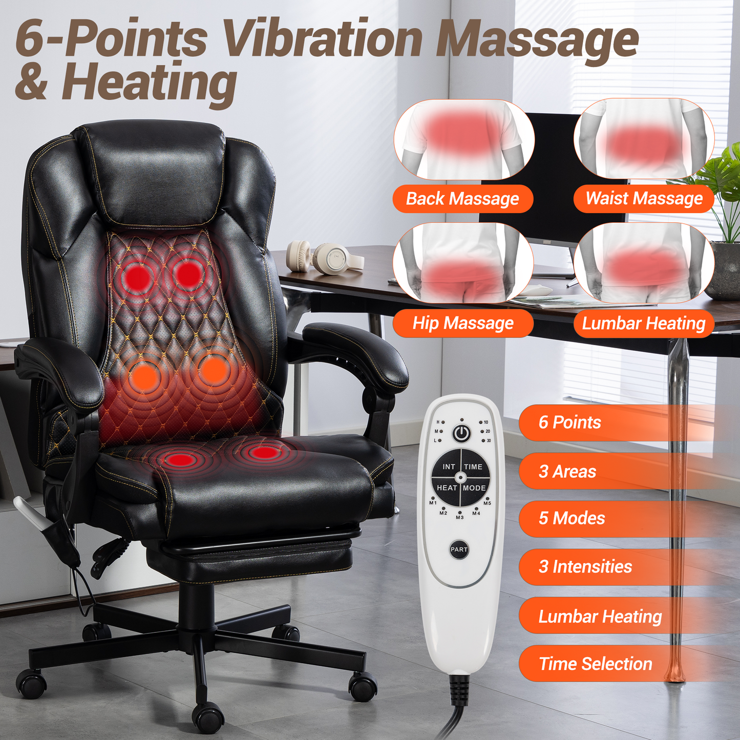 DELMANGO Massage Office Chair with Footrest, 6-Point Vibration Heating Executive Desk Chair, Ergonomic Home Office Chair, Black