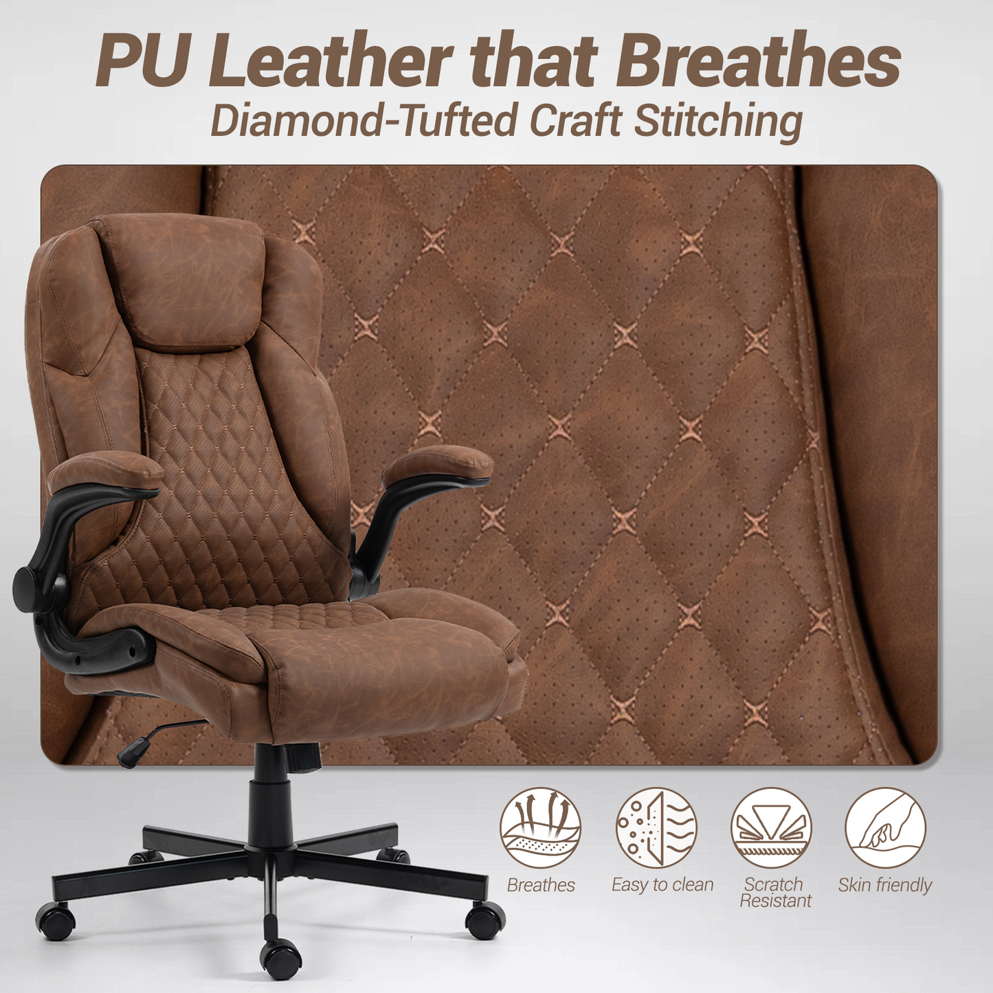 DELMANGO High-Back Executive Office Chair, Ergonomic Computer Desk Chair with Rocking Feature, PU Leather, Flip-Up Armrests and Lumbar Support, Brown