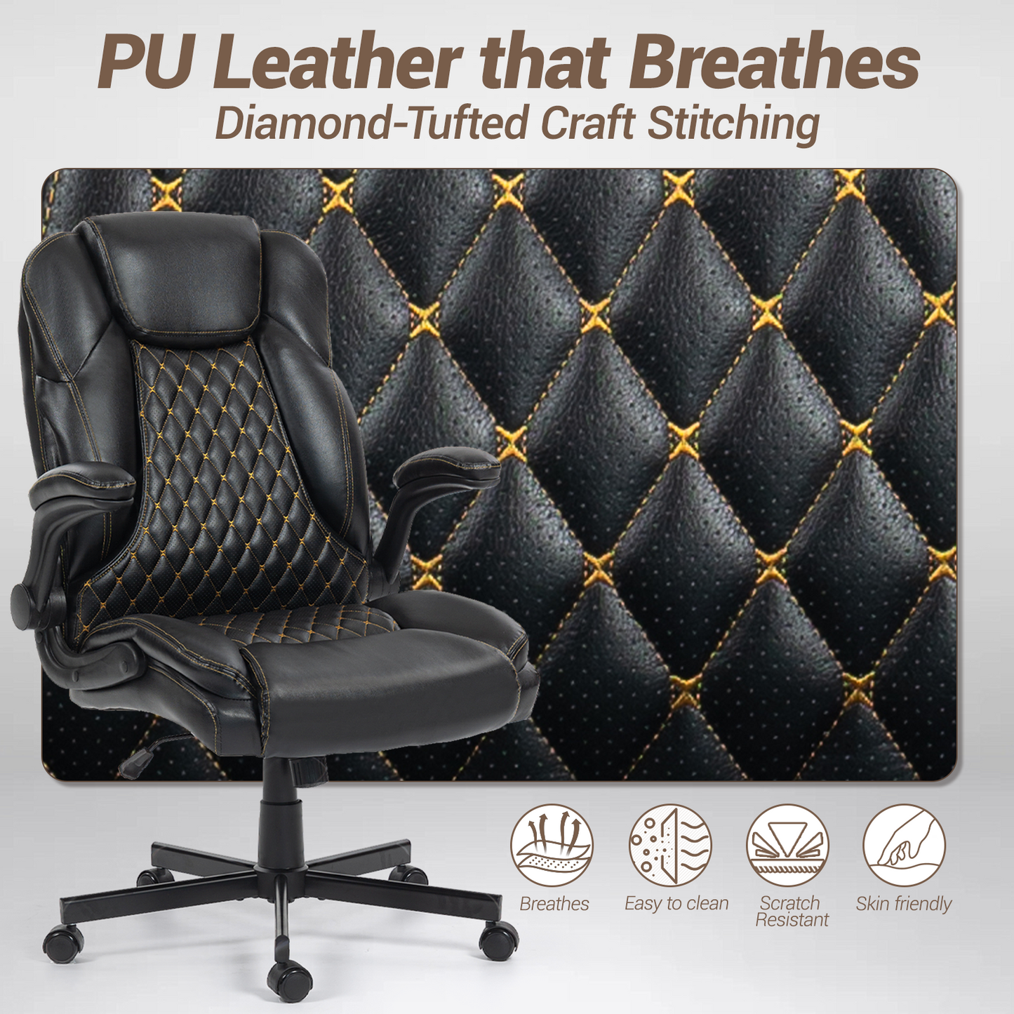 DELMANGO High-Back Executive Office Chair, Ergonomic Computer Desk Chair with Rocking Feature, PU Leather, Flip-Up Armrests and Lumbar Support, Black
