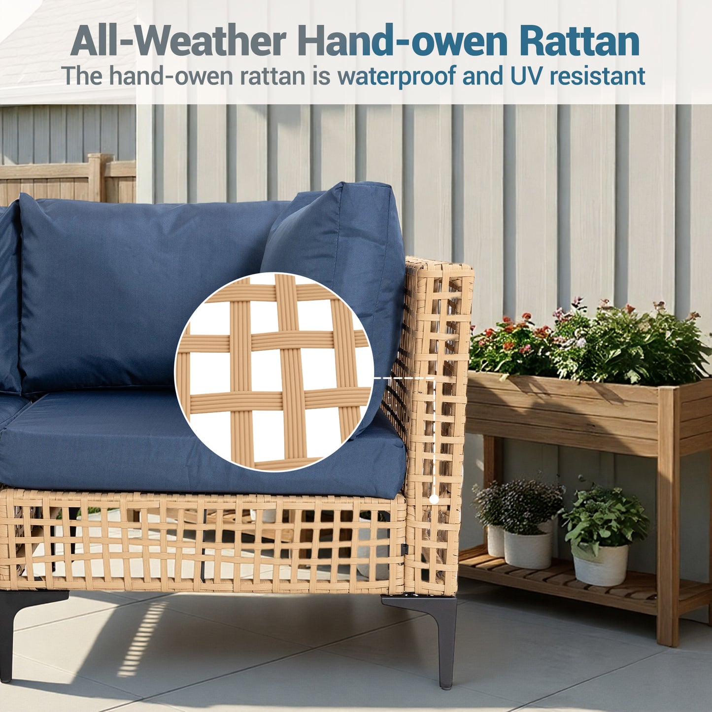 Delmango 7 Pieces Patio Furniture Set Boho Wicker Rattan Outdoor Sectional Sofa Set with Cushions & Table for Lawn, Backyard, Porch, Backyard, Porch, Blue