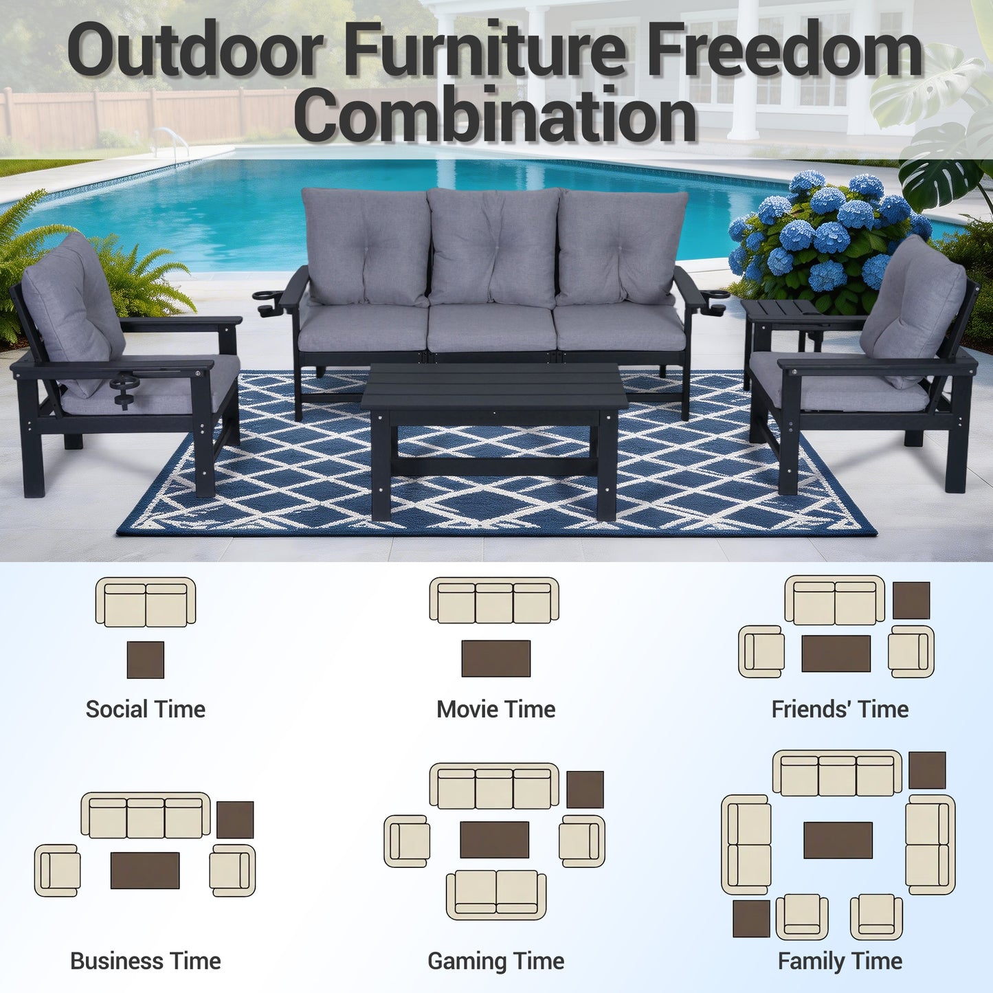 DELMANGO Patio Furniture Sets,7 Pieces Outdoor Conversation Set with Removable Washable Cushion,Wood Tepoy and Table Black