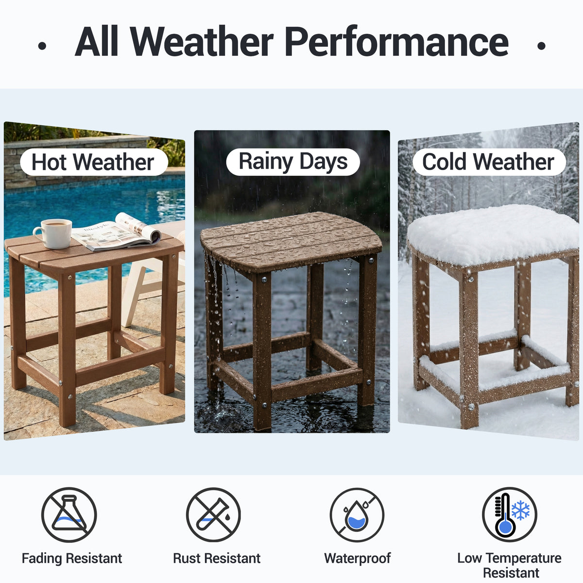 DELMANGO HDPE Outdoor Side Table - All Weather Performance Patio Side Table, Waterproof Small Outdoor End Table for Patio, Garden, Lawn, Pool, Balcony, Living Room Brown