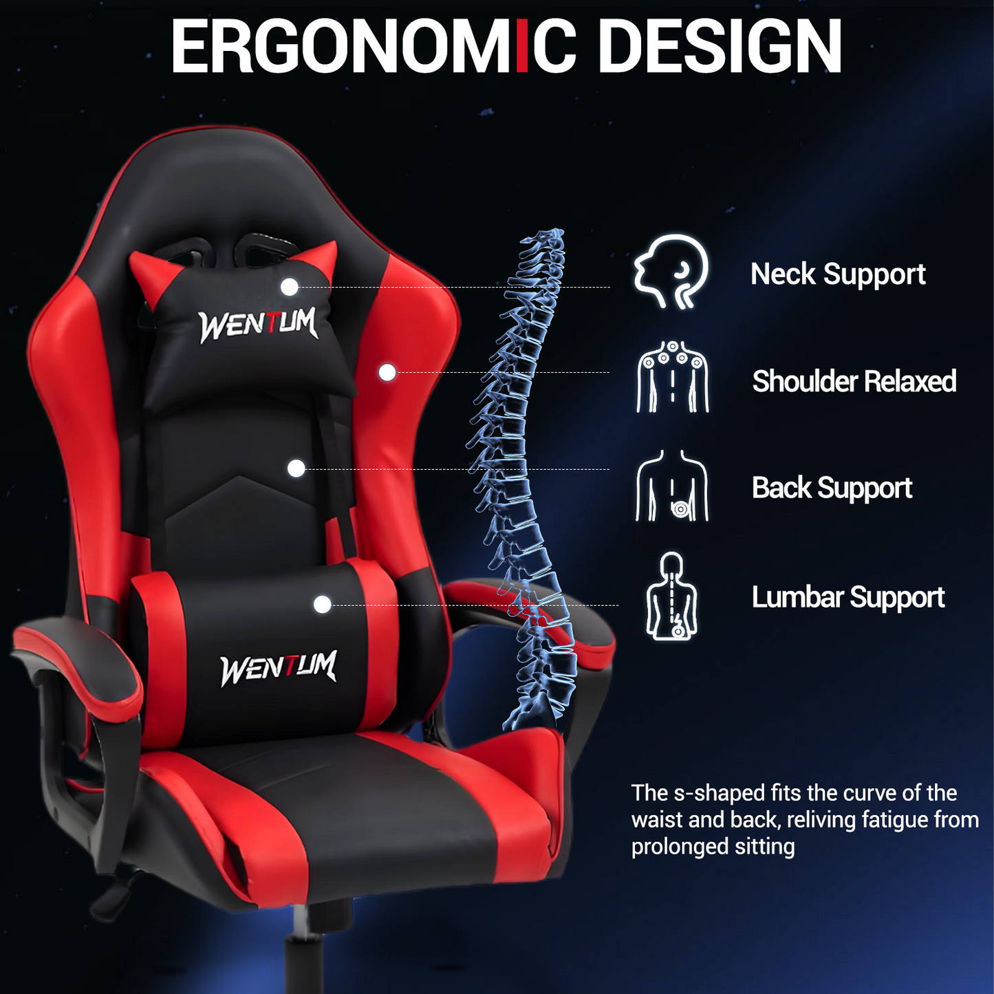 DELMANGO Ergonomic Gaming Chair, Racing Style Office Computer Desk Chair, Swivel PU Leather PC Gamer Chair, Red