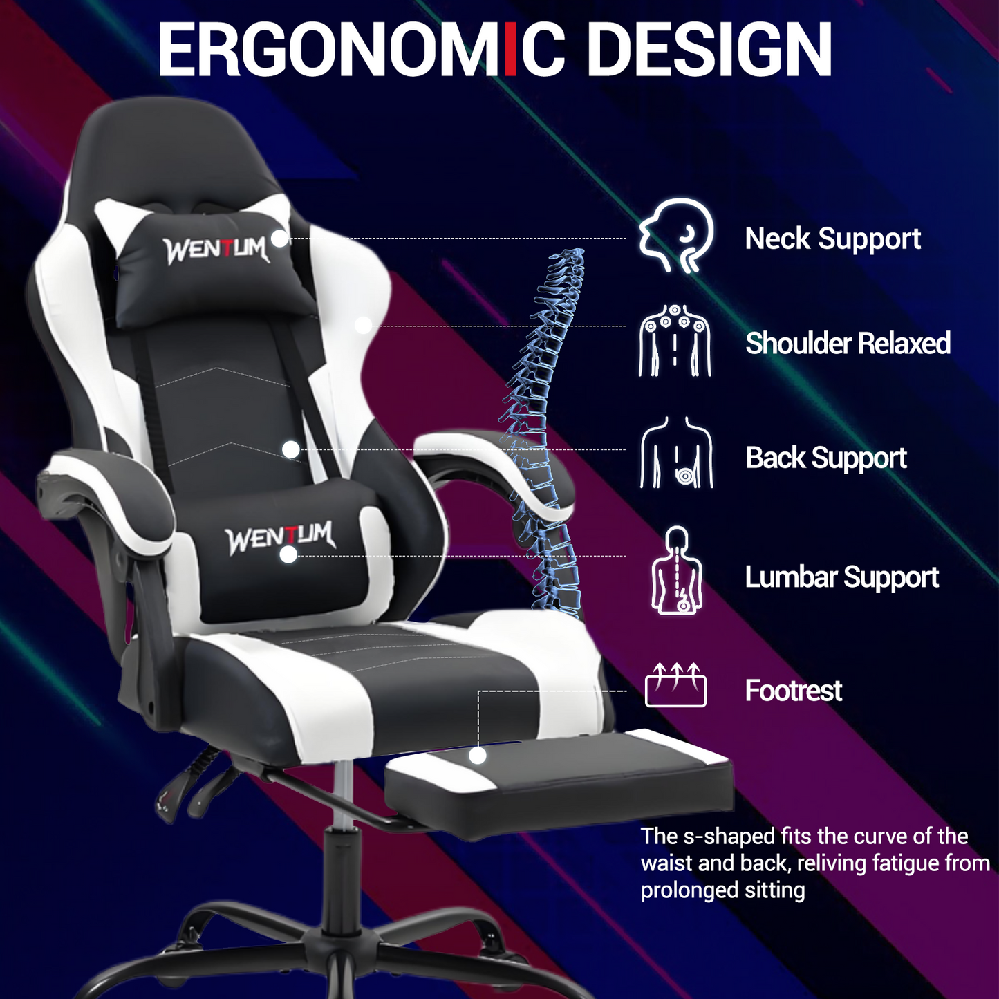 DELMANGO Ergonomic Reclining Gaming Chair with Linkage Armrests & Footrest, Racing Style Office Chair, PU Leather Computer Desk Chair, White