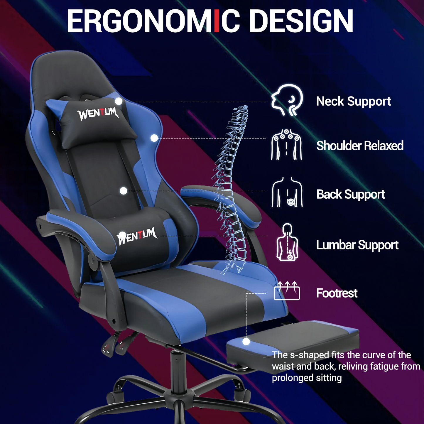 DELMANGO Ergonomic Reclining Gaming Chair with Linkage Armrests & Footrest, Racing Style Office Chair, PU Leather Computer Desk Chair, Blue