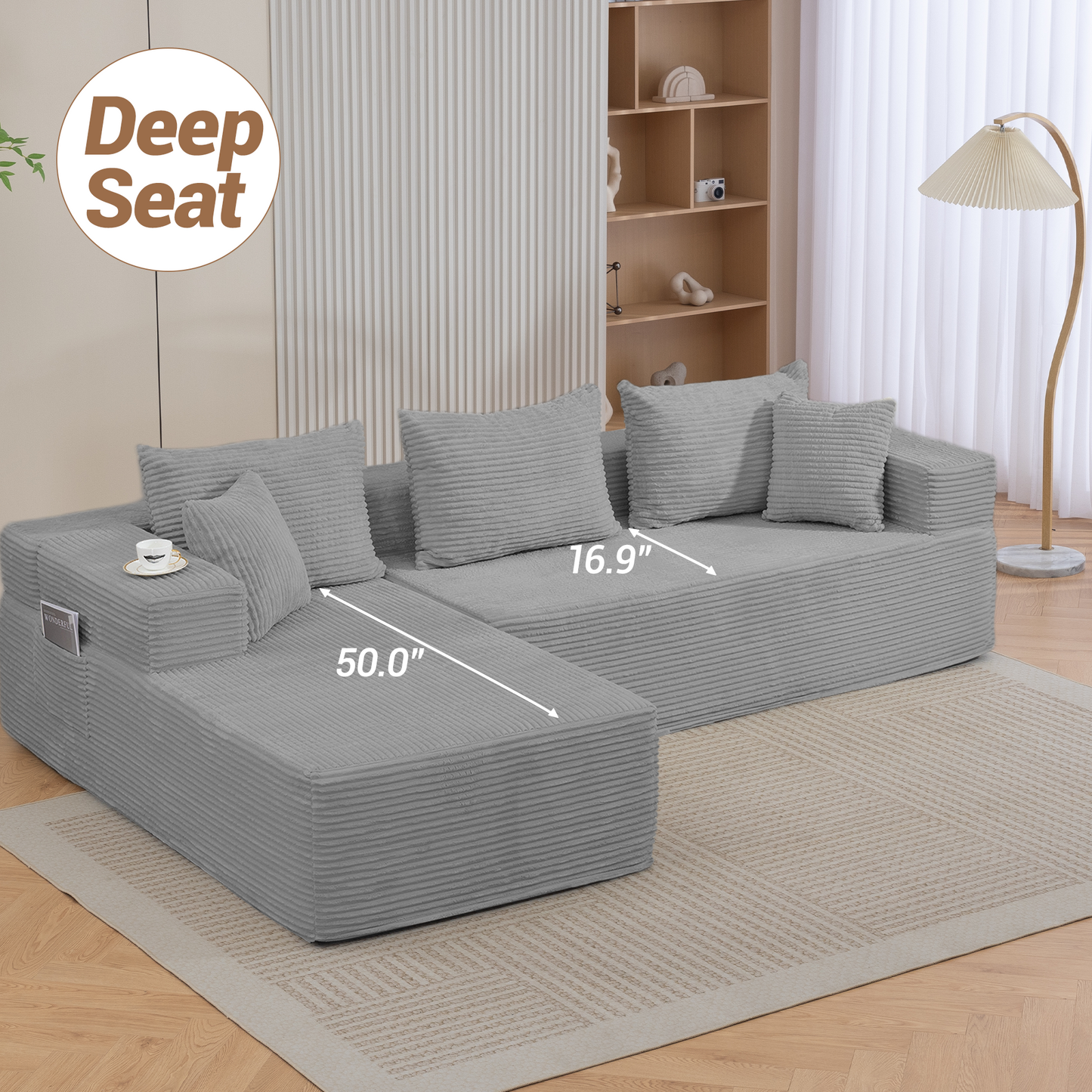DELMANGO Modular Sectional Sofa with L-Shape Chaise, Corduroy Boneless Couch Set for Living Room, No Assembly Required, Grey