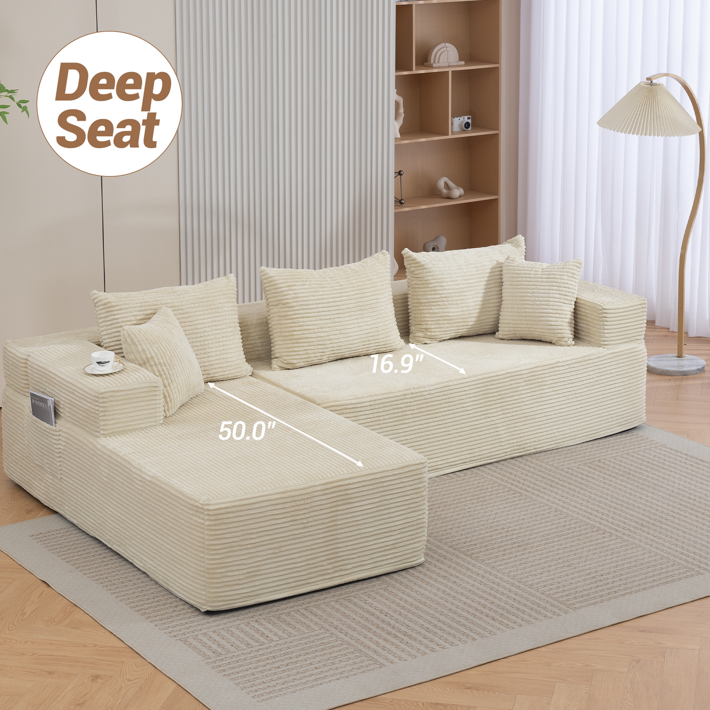 DELMANGO Modular Sectional Sofa with L-Shape Chaise, Corduroy Boneless Couch Set for Living Room, No Assembly Required, Beige