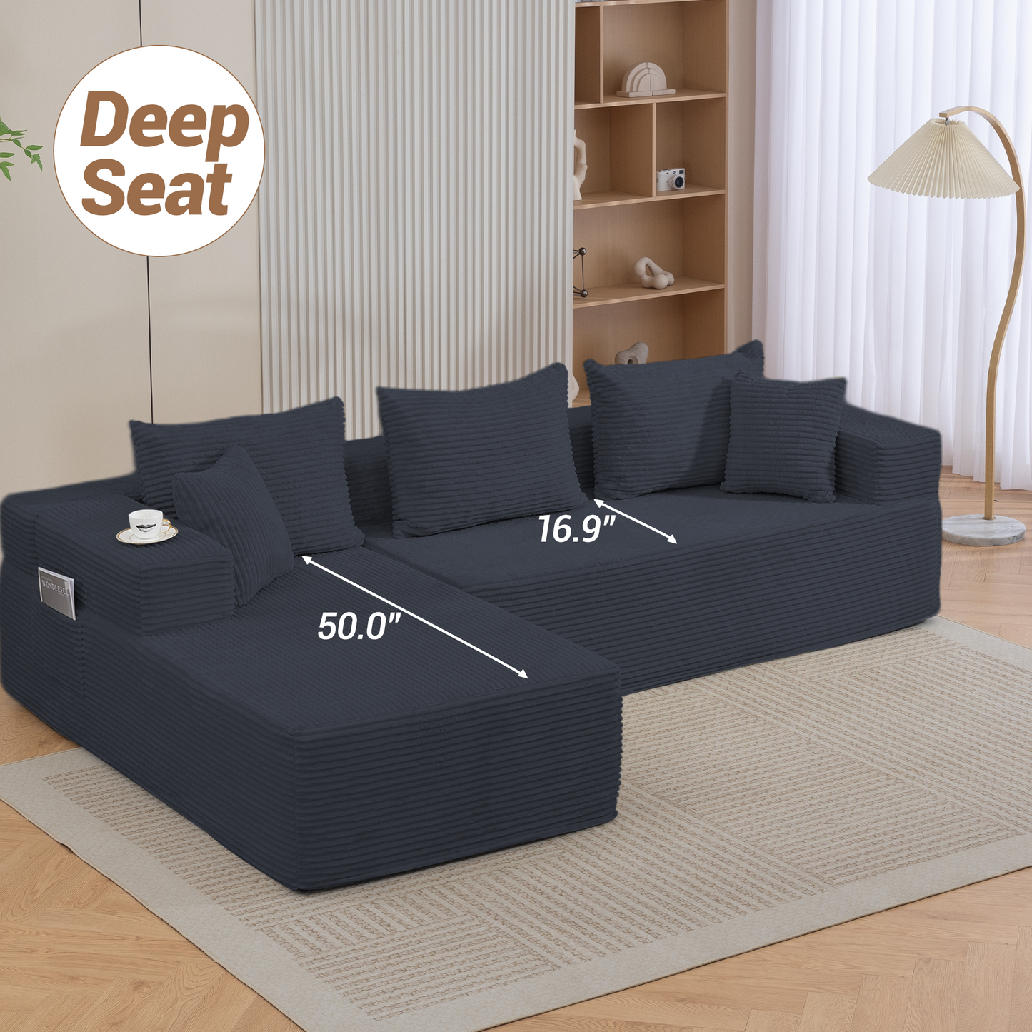 DELMANGO Modular Sectional Sofa with L-Shape Chaise, Corduroy Boneless Couch Set for Living Room, No Assembly Required, Black