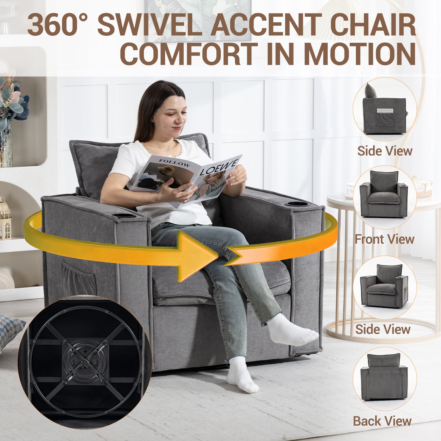 Delmango 32¡° Wide Swivel Accent Chair, Comfy Couch with Cup Holders and Side Pockets, Modern Sofa Chair for Living Room, Bedroom, Corner, Gray