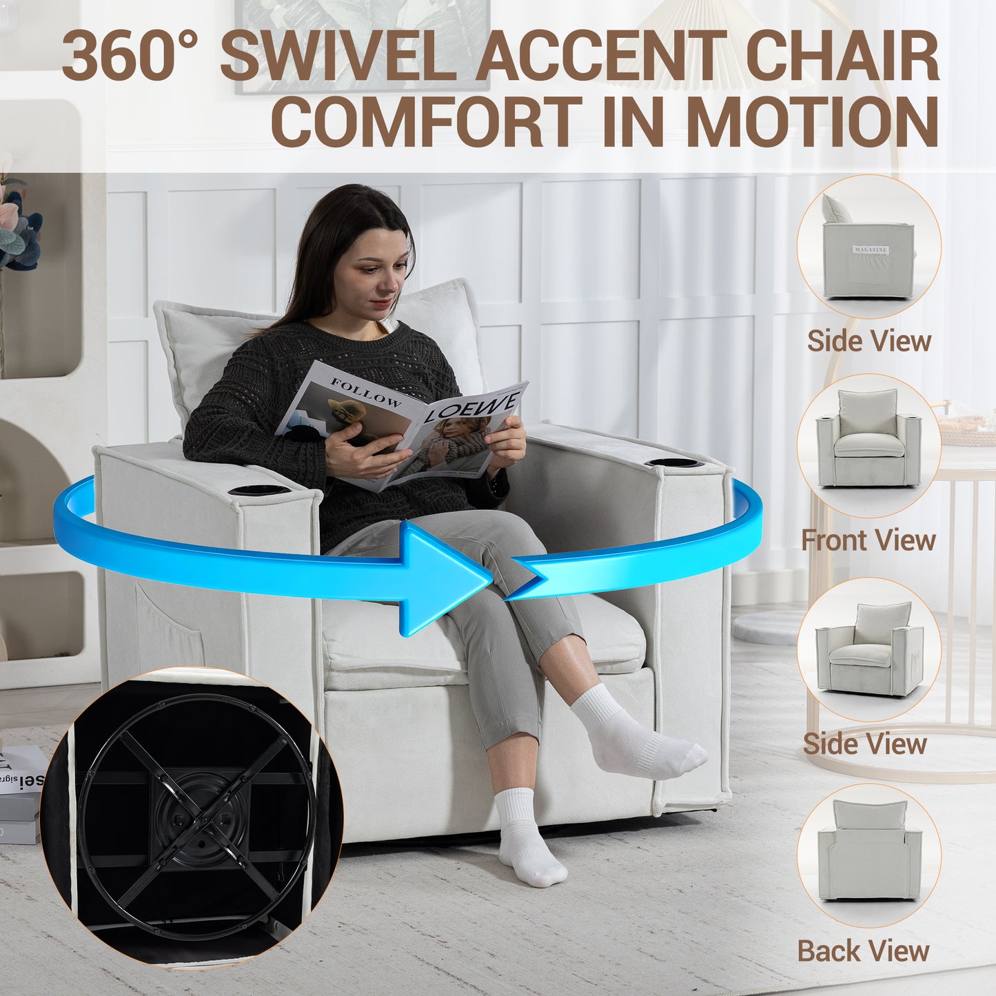 Delmango 32¡° Wide Swivel Accent Chair, Comfy Couch with Cup Holders and Side Pockets, Modern Sofa Chair for Living Room, Bedroom, Corner, Beige