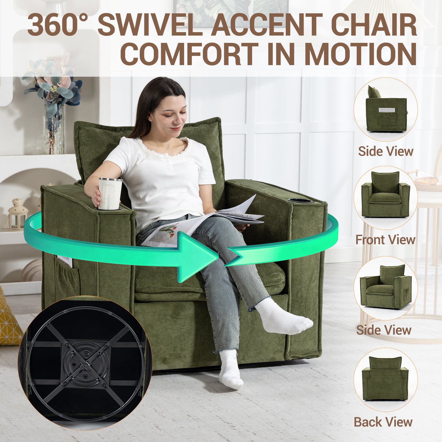 Delmango 32¡° Wide Swivel Accent Chair Set of 2, Comfy Couch with Cup Holders and Side Pockets, Modern Sofa Chair for Living Room, Bedroom, Corner, Green