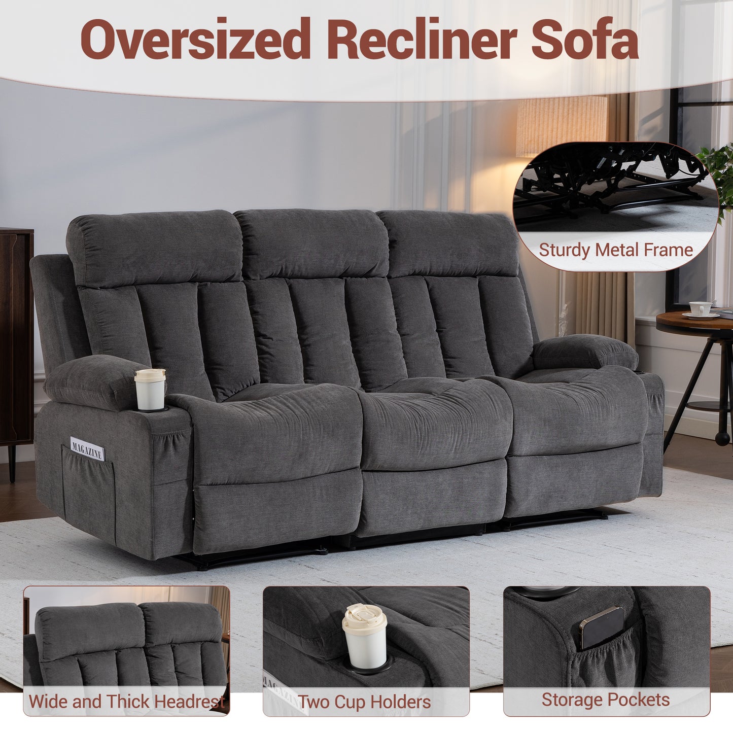 DELMANGO 3-Seater Recliner Sofa Set, Manual Triple Reclining Sofa Couch, 3 Seat Recliner Chair for Living Room, Home Theater & Small Spaces, Grey