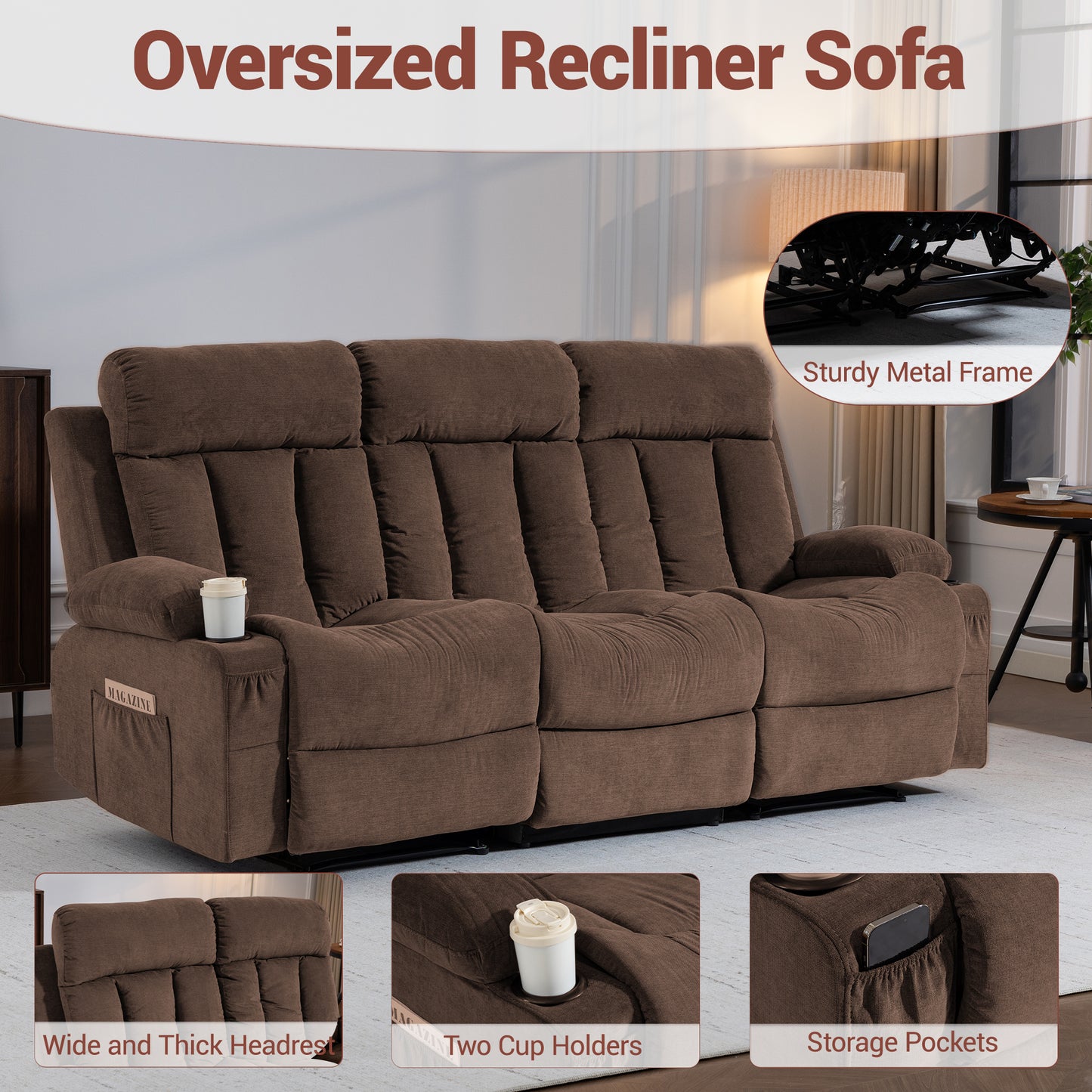 DELMANGO 3-Seater Recliner Sofa Set, Manual Triple Reclining Sofa Couch, 3 Seat Recliner Chair for Living Room, Home Theater & Small Spaces, Brown