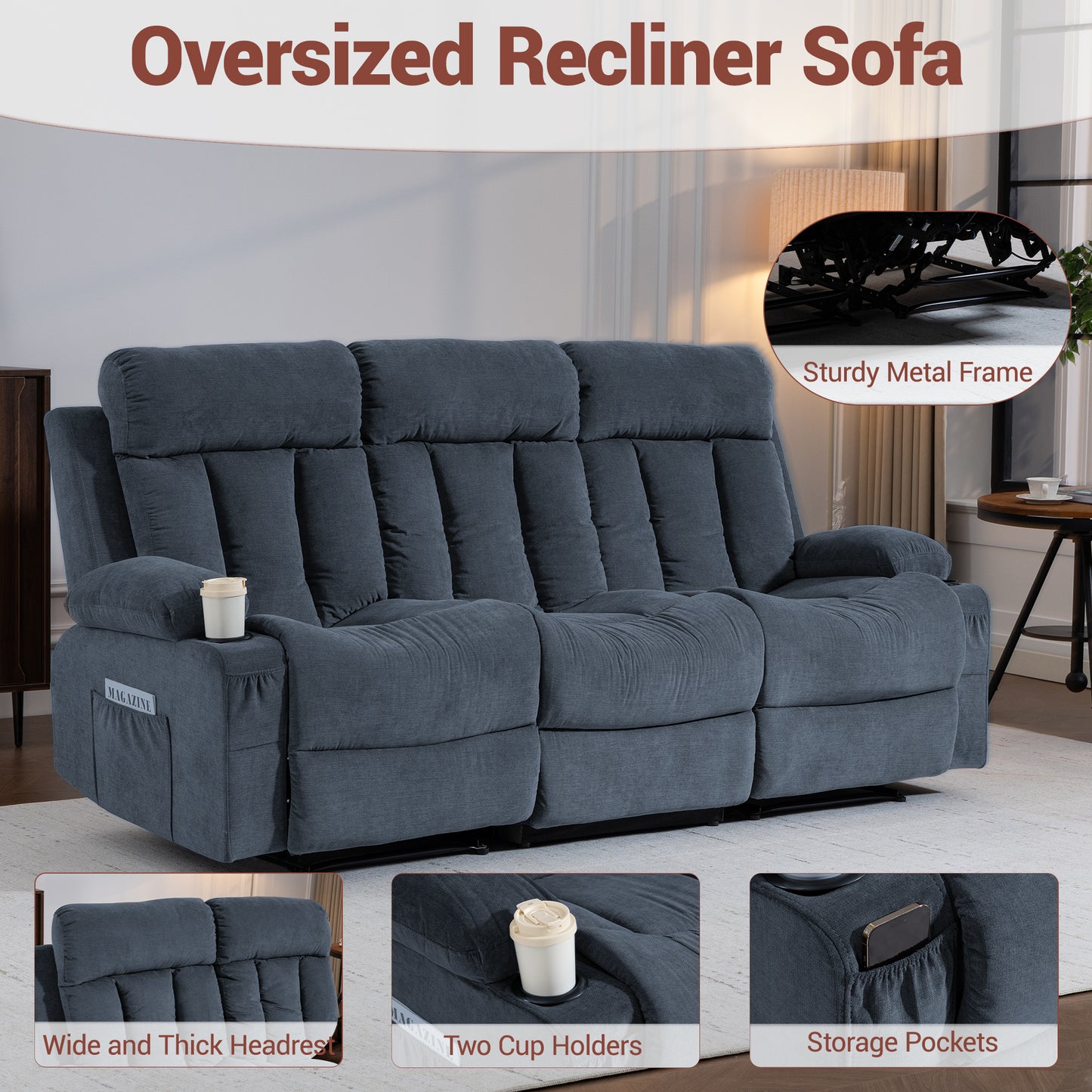 DELMANGO 3-Seater Recliner Sofa Set, Manual Triple Reclining Sofa Couch, 3 Seat Recliner Chair for Living Room, Home Theater & Small Spaces, Blue