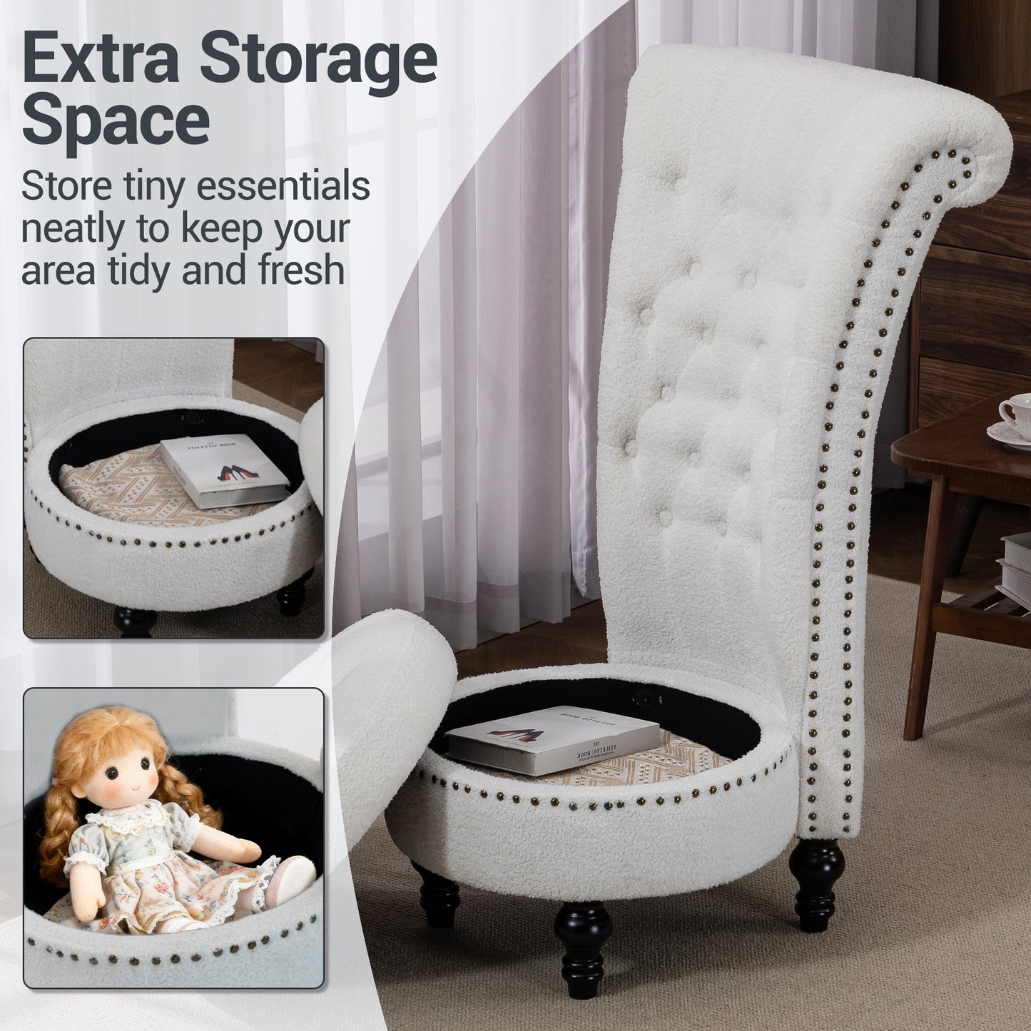 DELMANGO Teddy Throne Chair with Storage, Armless High-Back Accent Chair with Nailhead Trim & Solid Rubberwood Legs, for Living Room and Bedroom, White