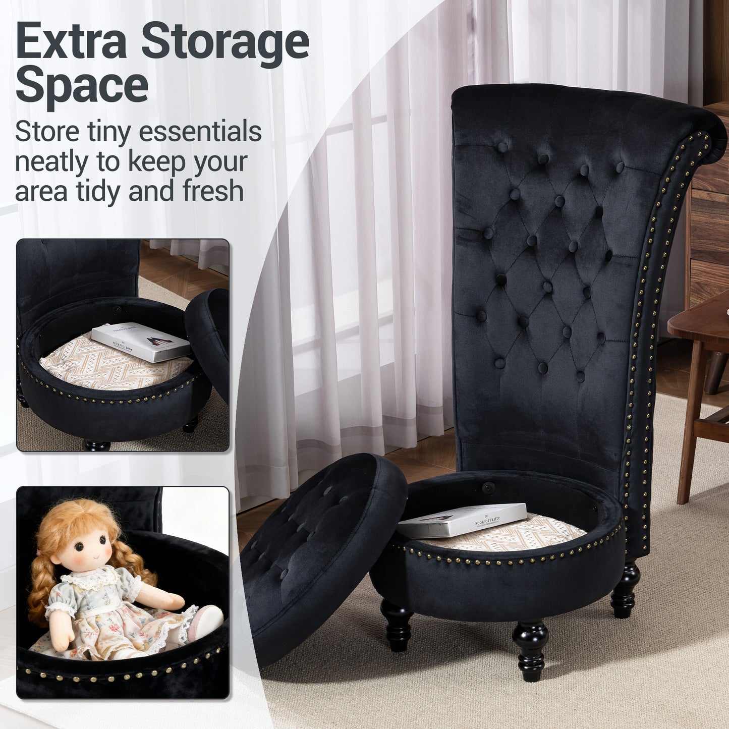 DELMANGO Set of 2 Velvet Throne Chair with Storage, Armless High-Back Accent Chair with Nailhead Trim & Solid Rubberwood Legs, for Living Room and Bedroom, Black