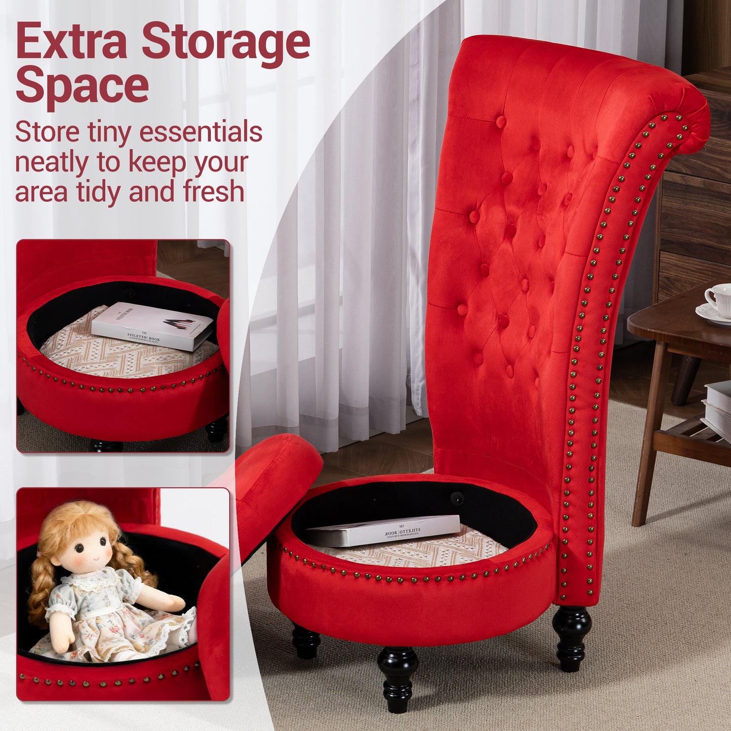 DELMANGO Velvet Throne Chair with Storage, Armless High-Back Accent Chair with Nailhead Trim & Solid Rubberwood Legs, for Living Room and Bedroom, Red