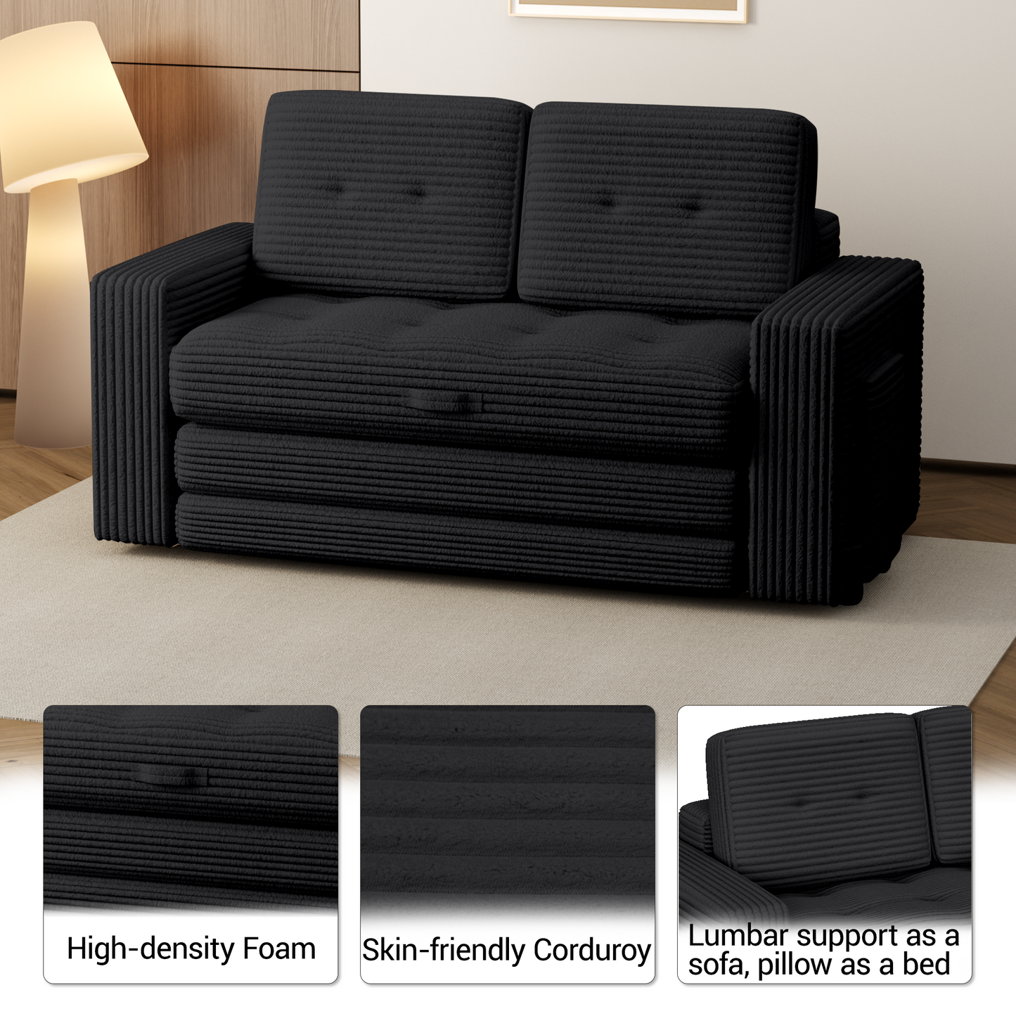 DELMANGO Convertible Loveseat Sleeper Sofa, Boneless Pull-Out Folding Couch Bed with Pillows for Living Room & Bedroom, Black