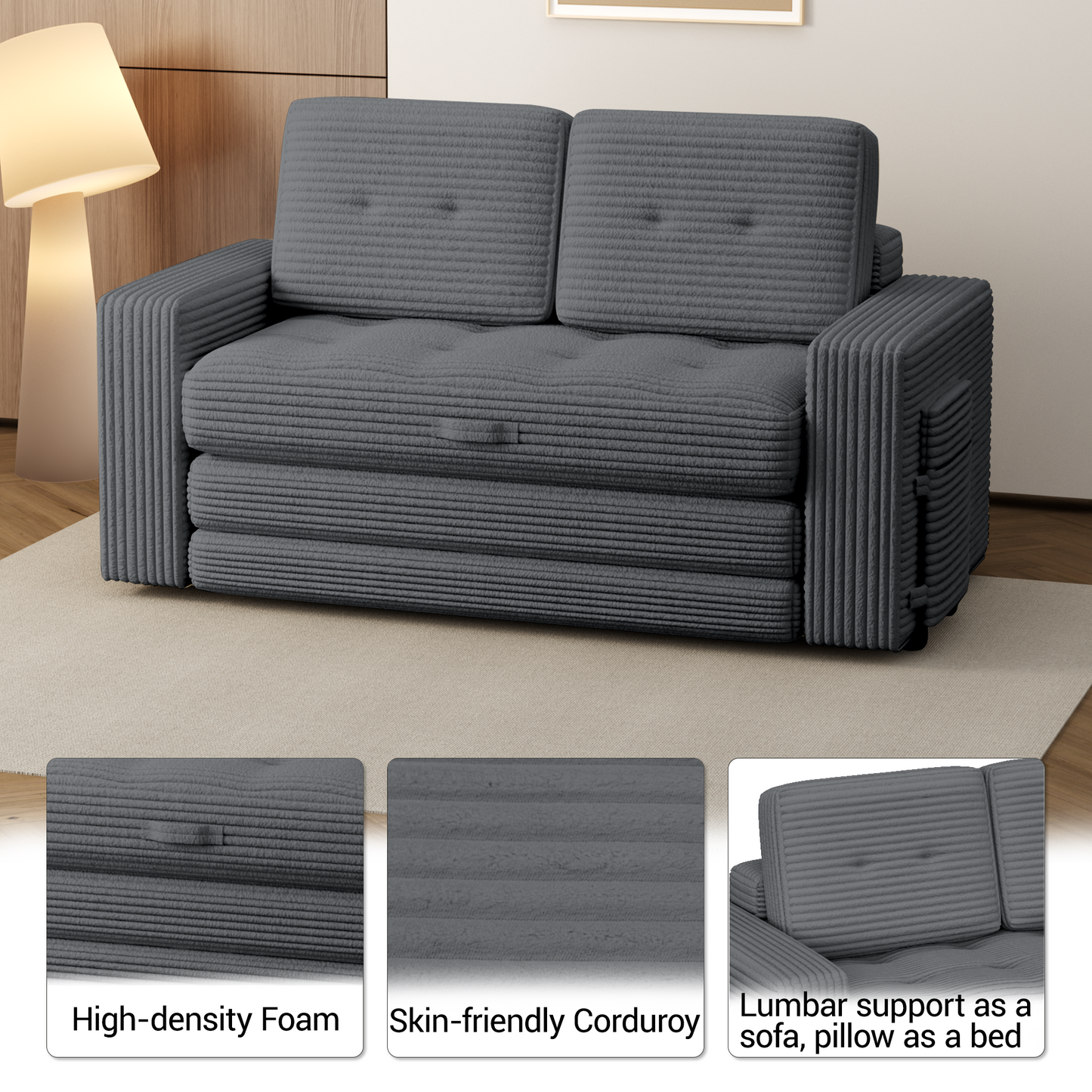 DELMANGO Convertible Loveseat Sleeper Sofa, Boneless Pull-Out Folding Couch Bed with Pillows for Living Room & Bedroom, Grey