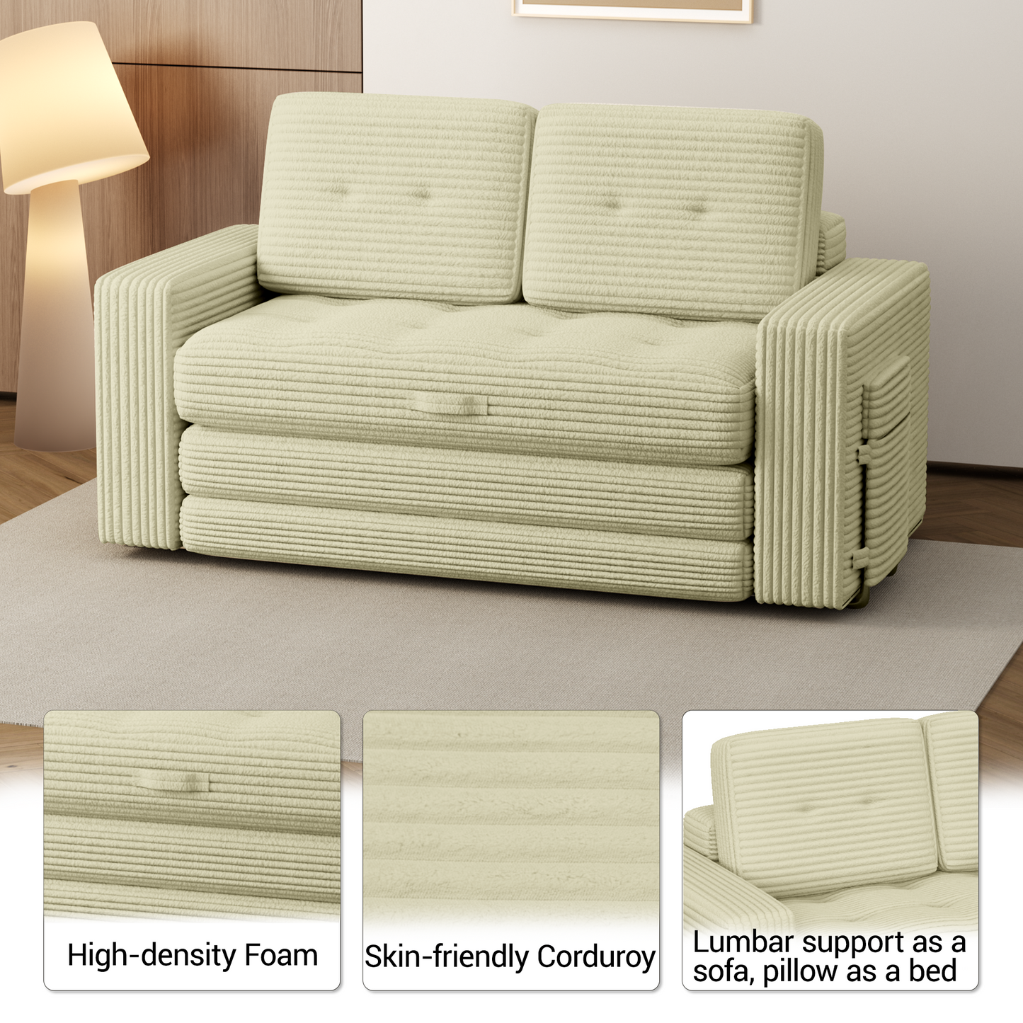 DELMANGO Convertible Loveseat Sleeper Sofa, Boneless Pull-Out Folding Couch Bed with Pillows for Living Room & Bedroom, Beige