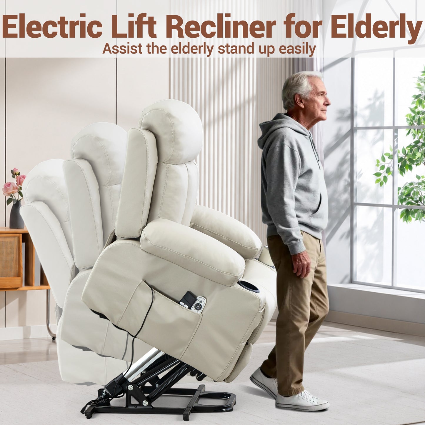 Delmango Faux Leather Recliner Chair with Push Back and Lumbar Support, Overstuffed Living Room Reclining Sofa, Beige