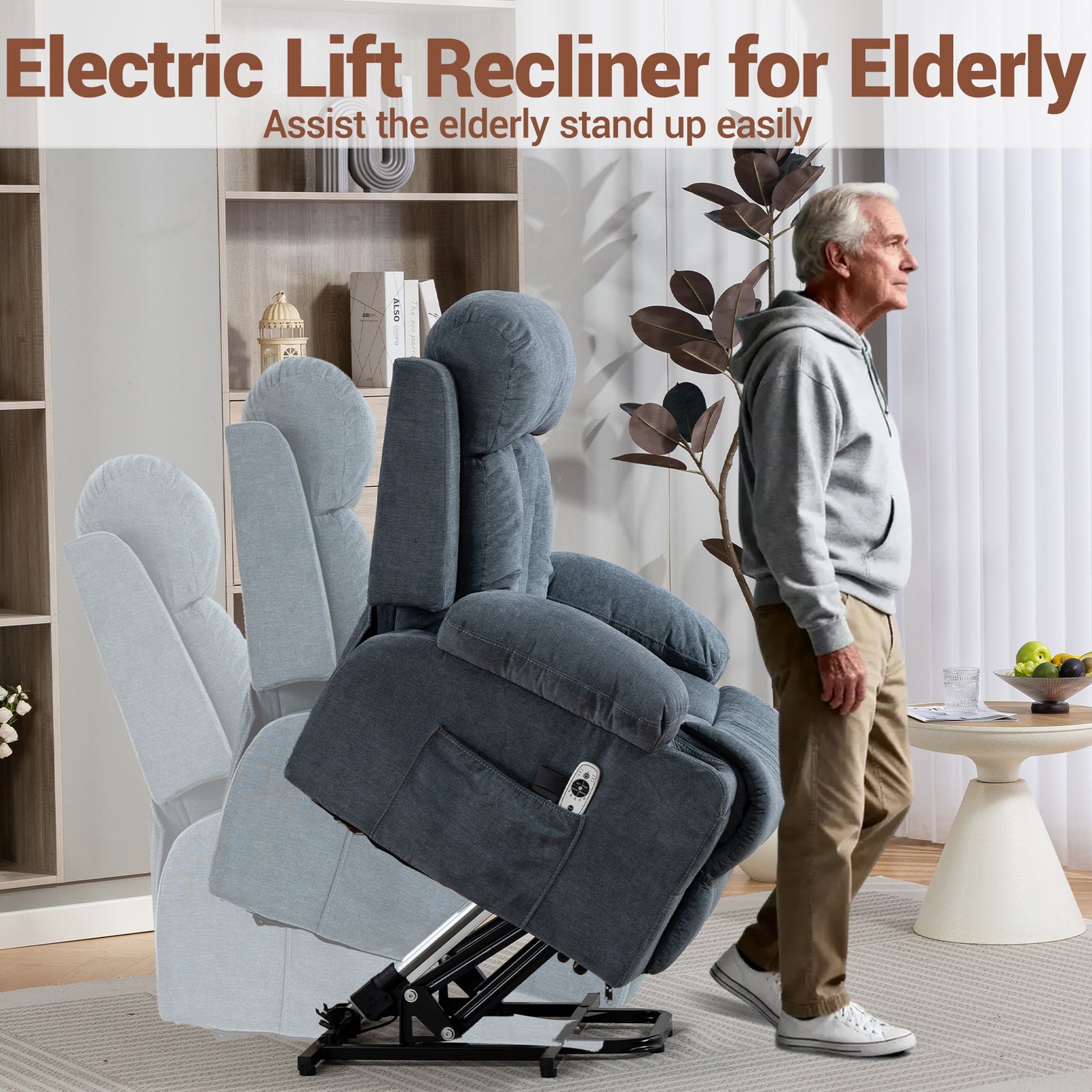DELMANGO Power Lift Recliner Chair for Elderly, Electric Oversized Reclining Sofa with Vibration Massage & Heat, Cup Holder and USB Charging Port for Living Room, Blue