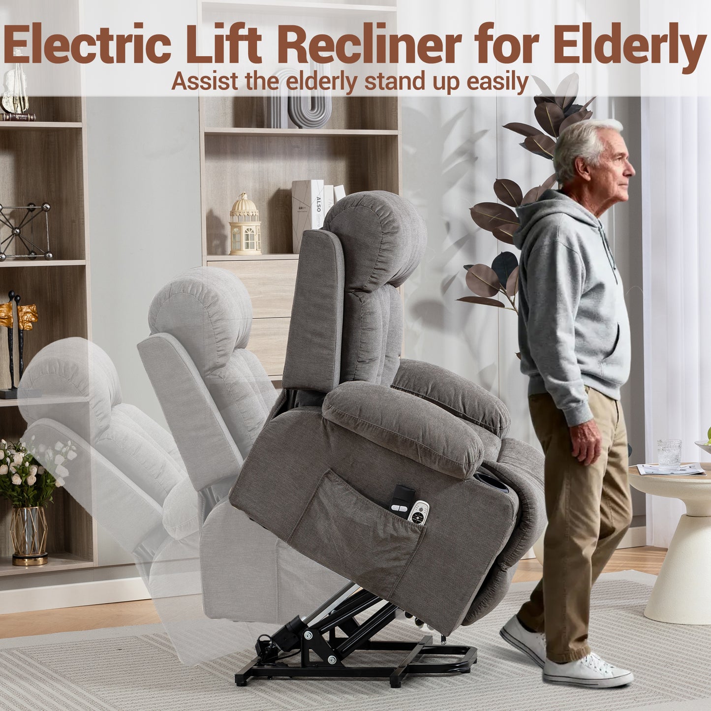 DELMANGO Power Lift Recliner Chair for Elderly, Electric Oversized Reclining Sofa with Vibration Massage & Heat, Cup Holder and USB Charging Port for Living Room, Brown