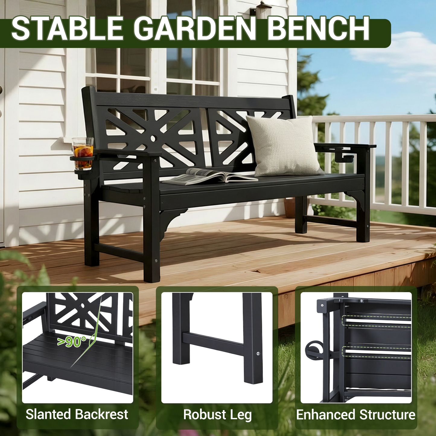 DELMANGO Outdoor Bench with Cup Holders, HDPE Weatherproof Garden Bench 2-Person, Fade/Rot Resistance Patio Benches for Porch and Park, Black