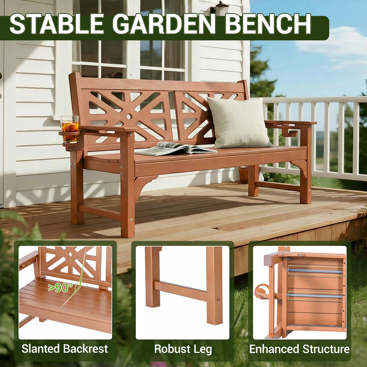 DELMANGO Outdoor Bench with Cup Holders, HDPE Weatherproof Garden Bench 2-Person, Fade/Rot Resistance Patio Benches for Porch and Park, Brown
