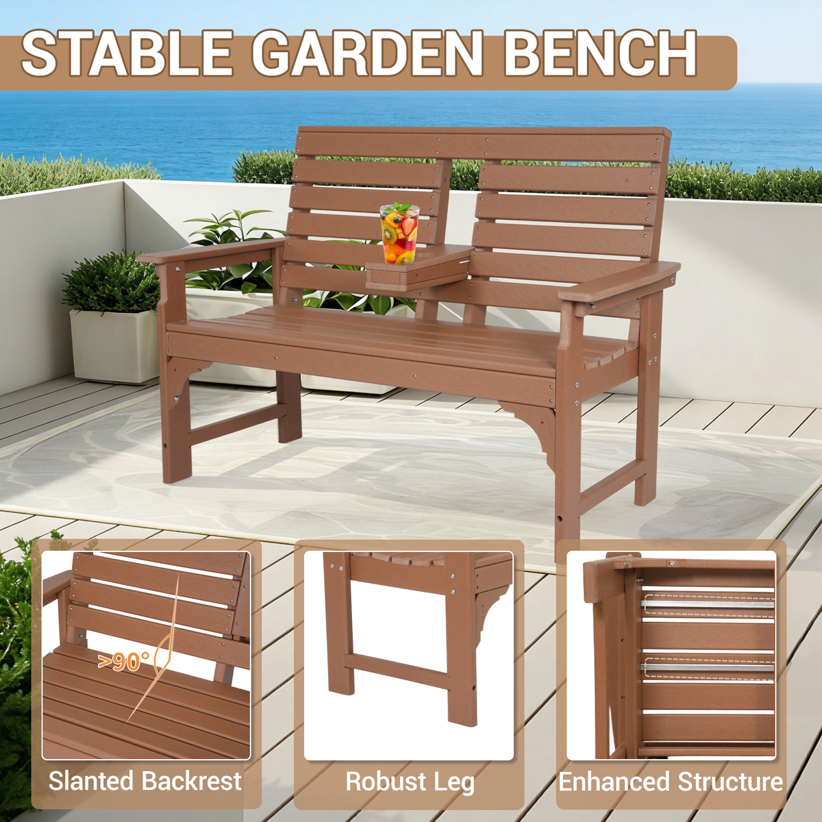 DELMANGO Outdoor Bench with Cup Holders, HDPE 2-Person Weatherproof Patio Benches, Fade/Rot Resistance, Garden Bench for Front Porch Backyard, Brown