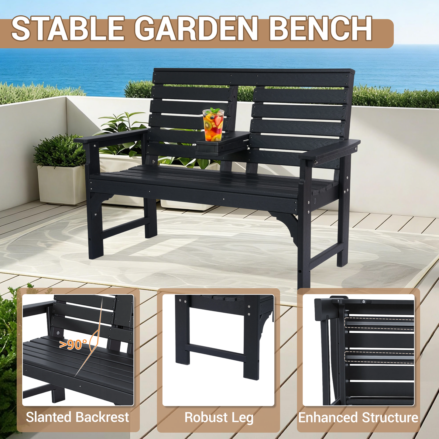 DELMANGO Outdoor Bench with Cup Holders, HDPE 2-Person Weatherproof Patio Benches, Fade/Rot Resistance, Garden Bench for Front Porch Backyard, Black
