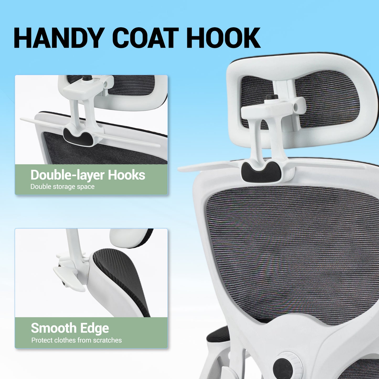 Delmango Office Chair, Ergonomic Desk Chair with Flip-up Arms, Coat Hook, Adjustable Headrest and Lumber Support, Mesh Computer Chair, 330 LBS, White