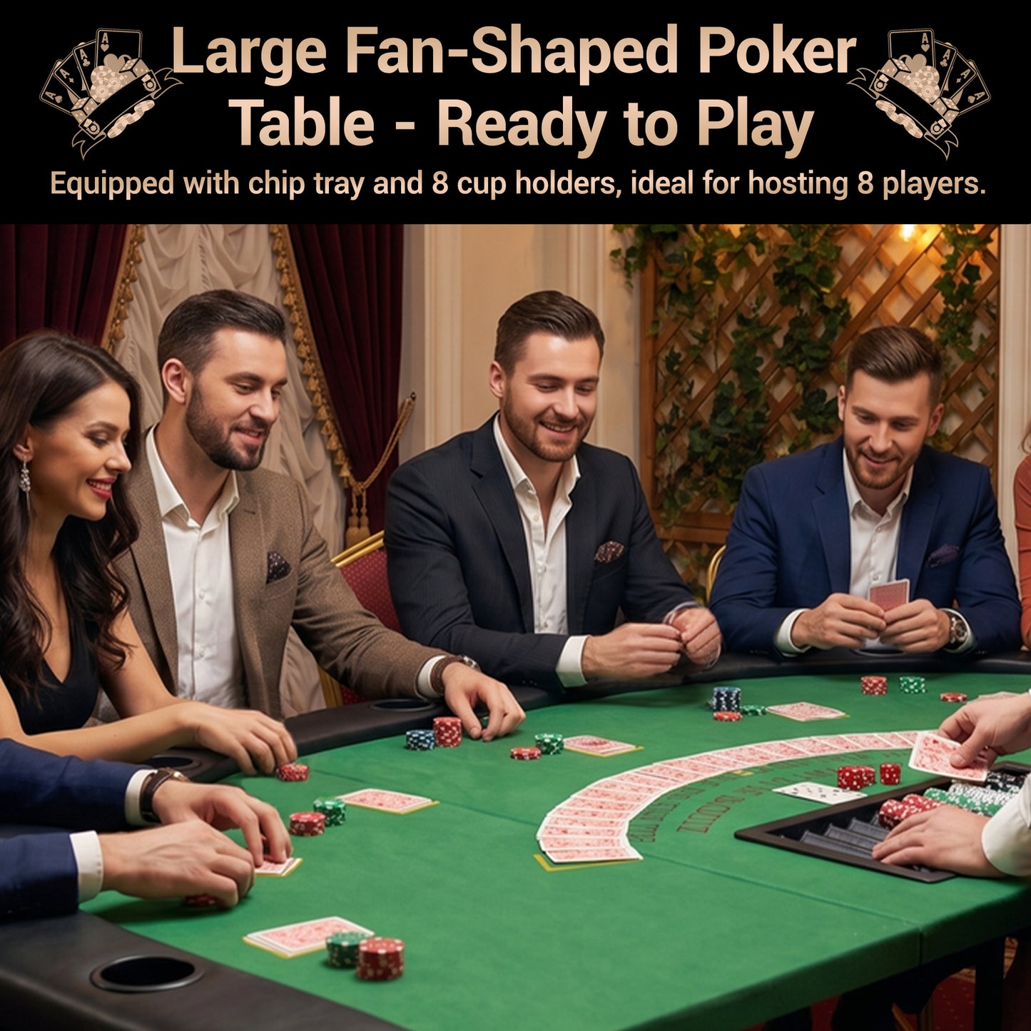 DELMANGO Foldable Poker Table for 7 Players Fan-Shaped Game Table with Cup Holders & Chip Trays, Portable Casino Table for Texas Holdem, Blackjack, Home Game Nights Green