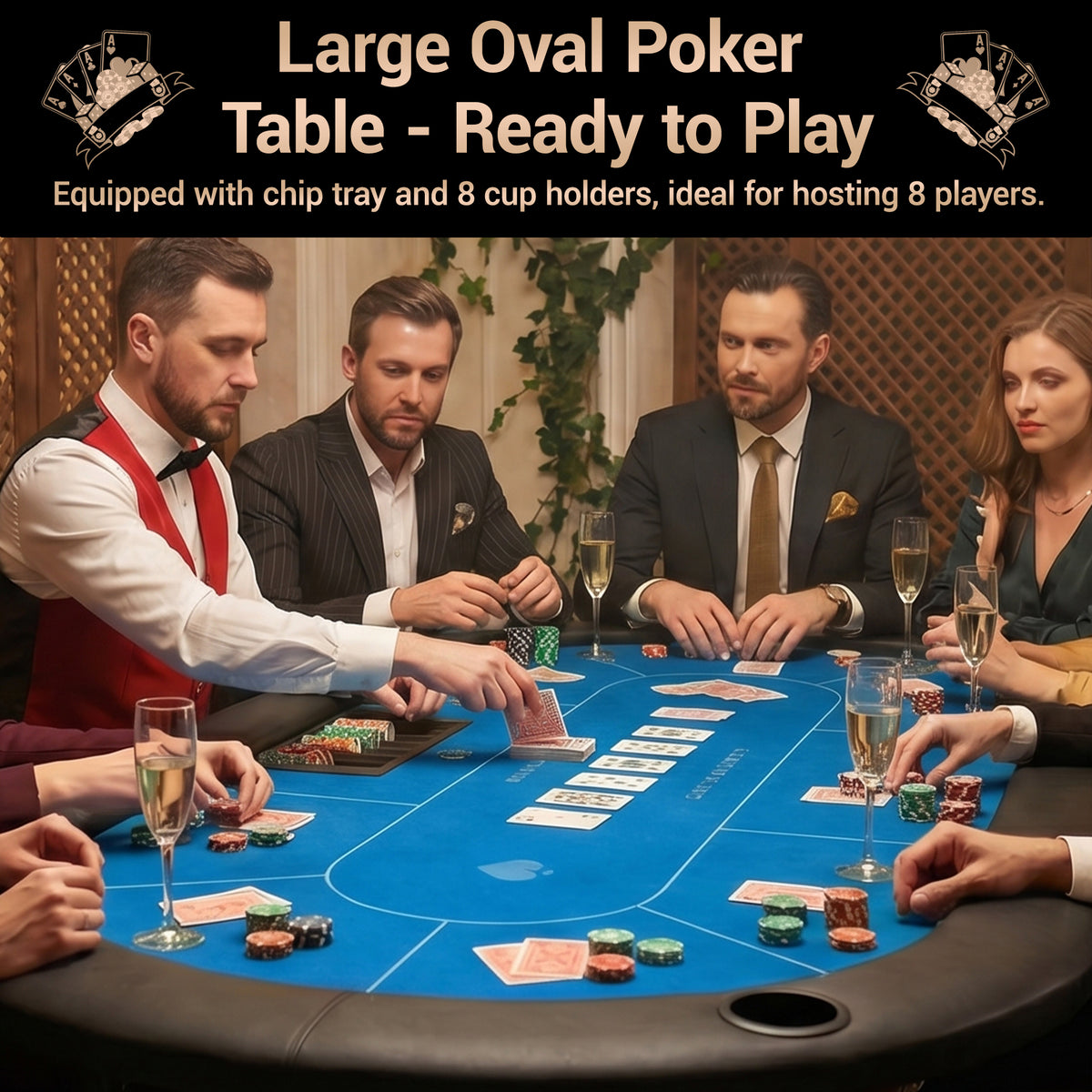 DELMANGO Foldable Poker Table for 8 Players Oval Game Table with Cup Holders & Chip Trays, Portable Casino Table for Texas Holdem, Blackjack, Home Game Nights Blue