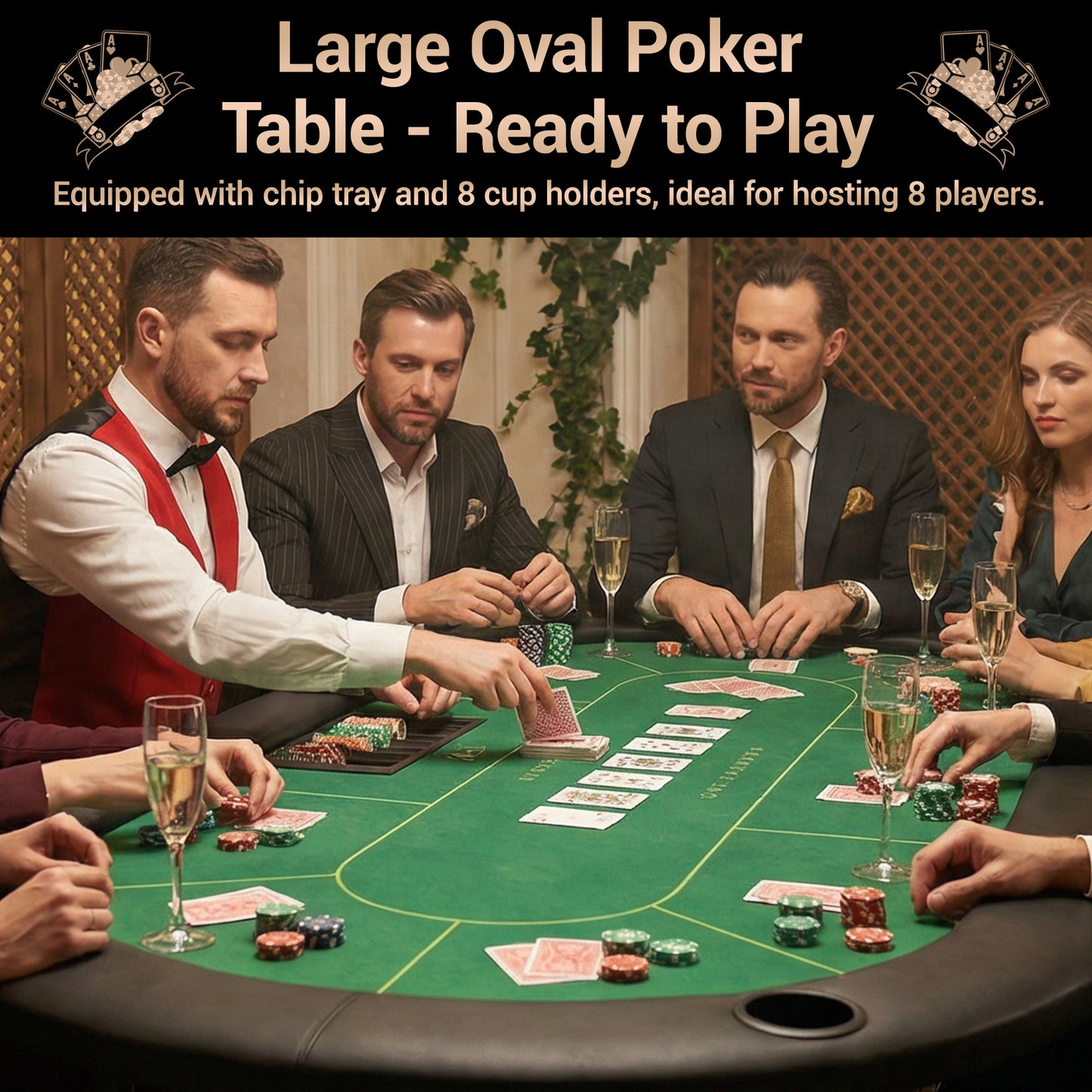 DELMANGO Foldable Poker Table for 8 Players Oval Game Table with Cup Holders & Chip Trays, Portable Casino Table for Texas Holdem, Blackjack, Home Game Nights Green