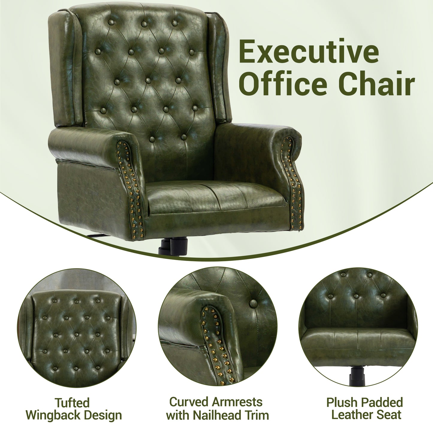 Delmango Vintage PU Leather Office Chair, Wingback Executive Desk Chair with Tufted Back & Nailhead Trim, Wide Seat Rolled Armrests Swivel Task Chair, Heavy Duty 330LBS for Home Office, Green