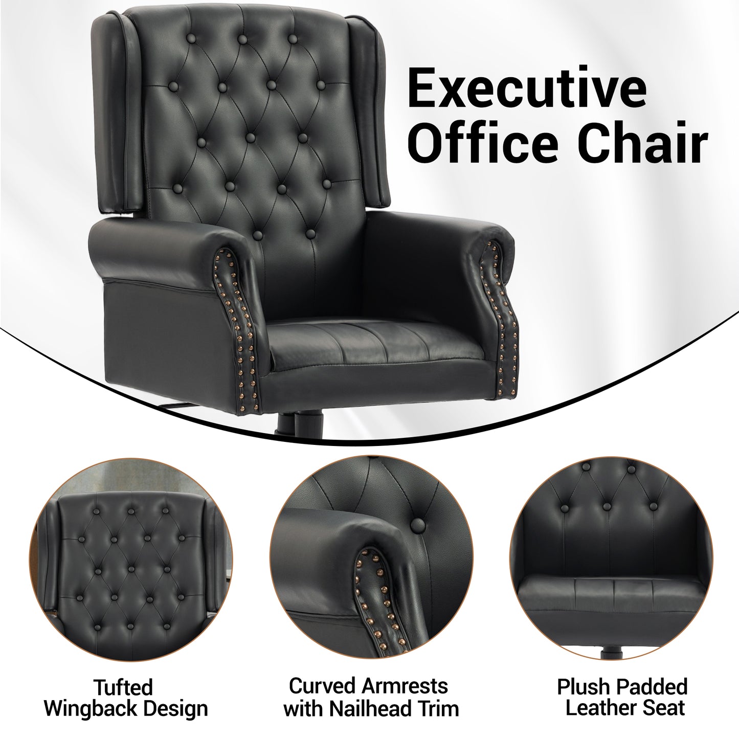 Delmango Vintage PU Leather Office Chair, Wingback Executive Desk Chair with Tufted Back & Nailhead Trim, Wide Seat Rolled Armrests Swivel Task Chair, Heavy Duty 330LBS for Home Office, Black