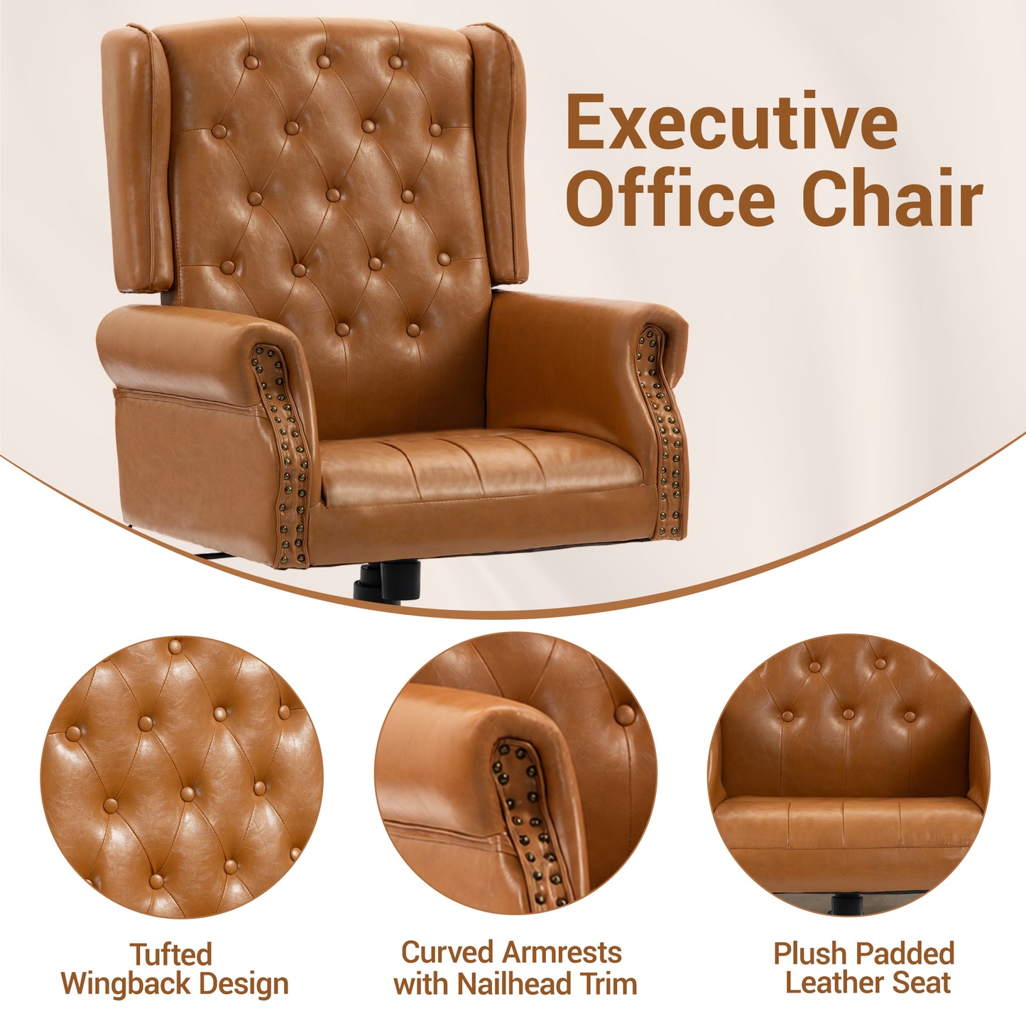 Delmango Vintage PU Leather Office Chair, Wingback Executive Desk Chair with Tufted Back & Nailhead Trim, Wide Seat Rolled Armrests Swivel Task Chair, Heavy Duty 330LBS for Home Office, Brown