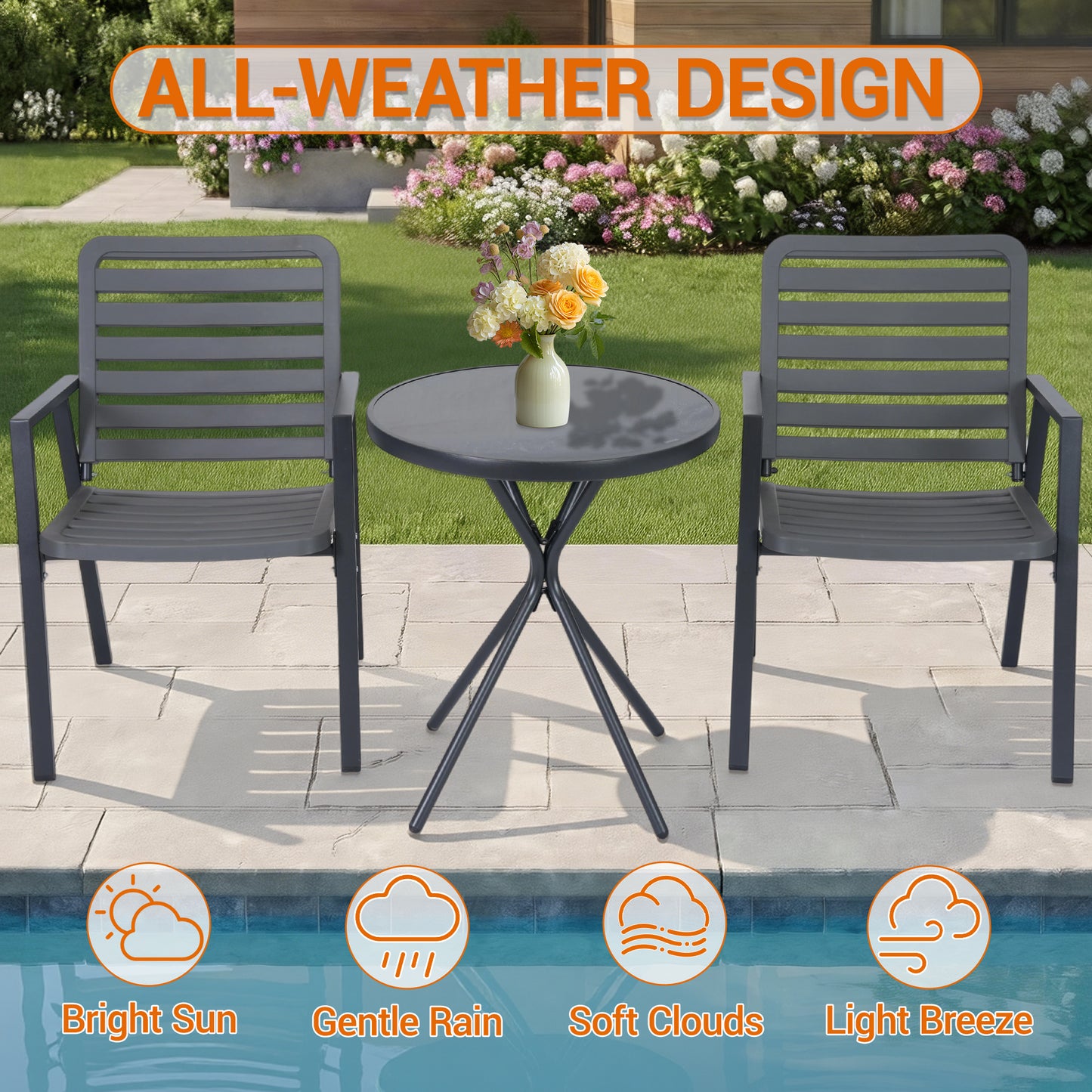 DELMANGO 3 Pieces Bistro Table and Chairs, Waterproof Patio Furniture Set, All-Weather Outdoor Table and Chairs, Balcony Furniture for Porch, Yard, Garden, Grey